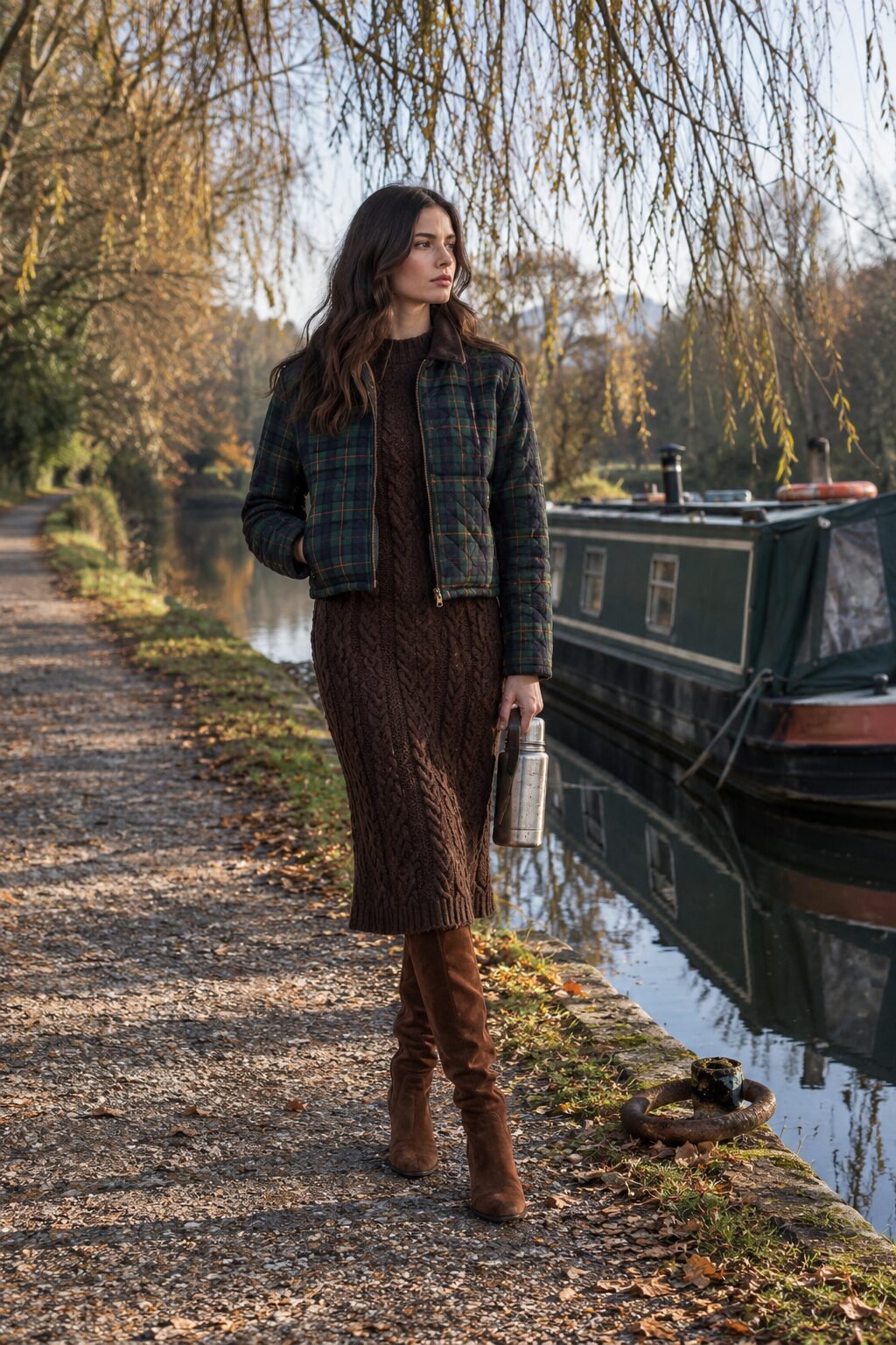 old money dress outfit: chocolate brown cable knit midi dress with tall brown suede boots and a tartan quilted jacket