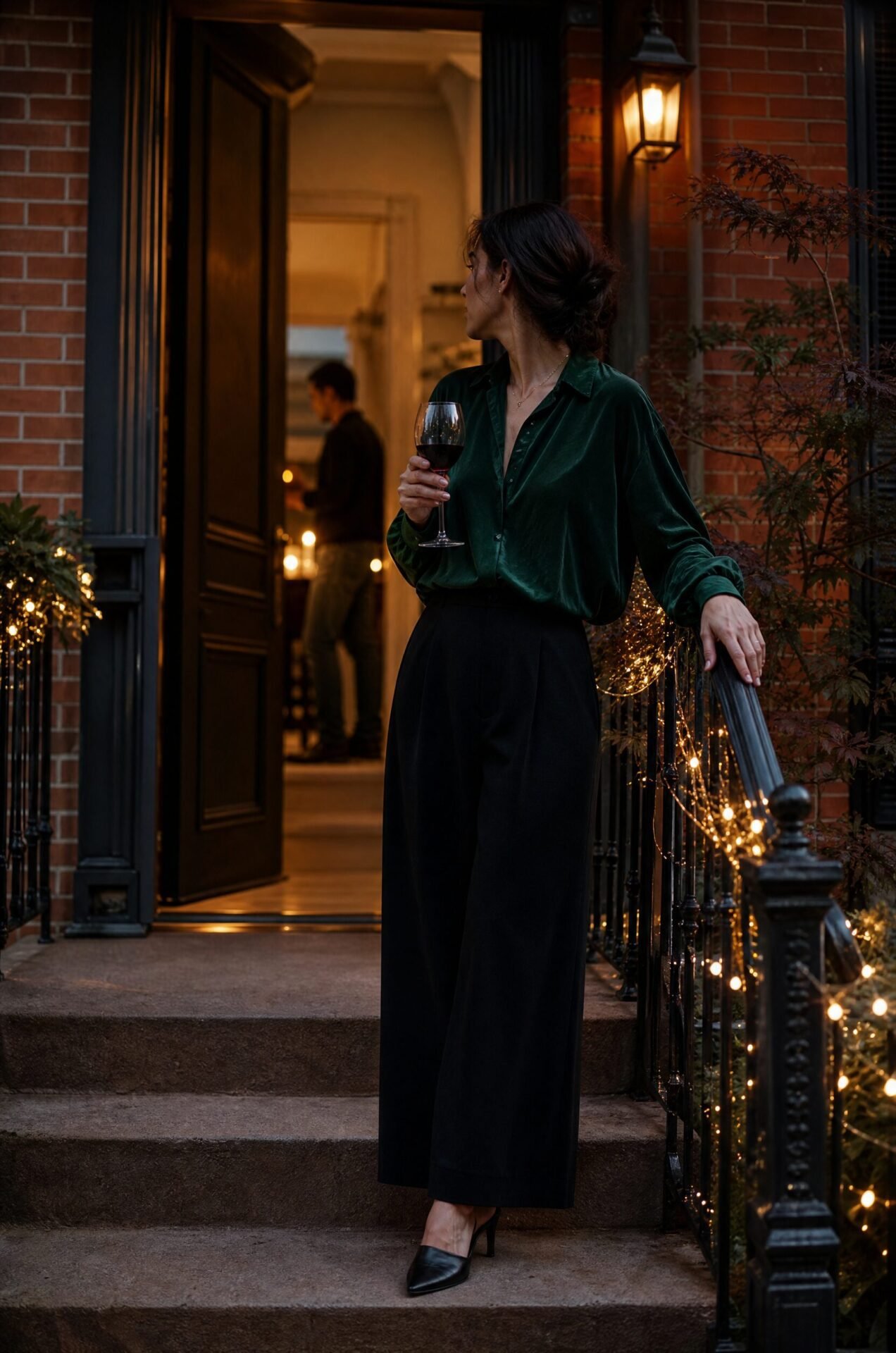 fall dinner party dark academia outfit: forest green silk velvet shirt tucked into black wide-leg trousers with black leather heels