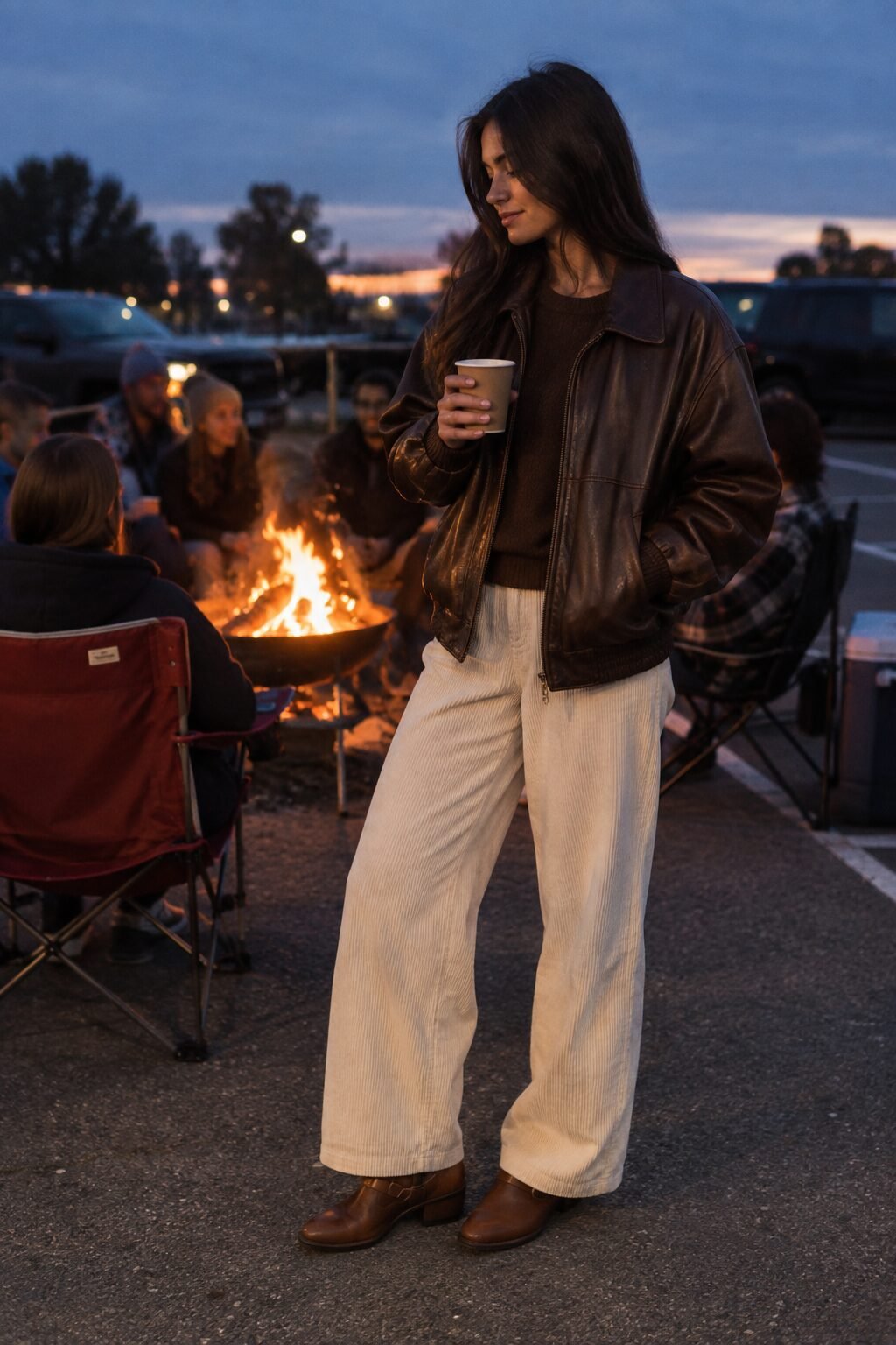 old money evening tailgate outfit: rich brown leather bomber jacket, cream corduroy wide-leg trousers, and cognac ankle boots
