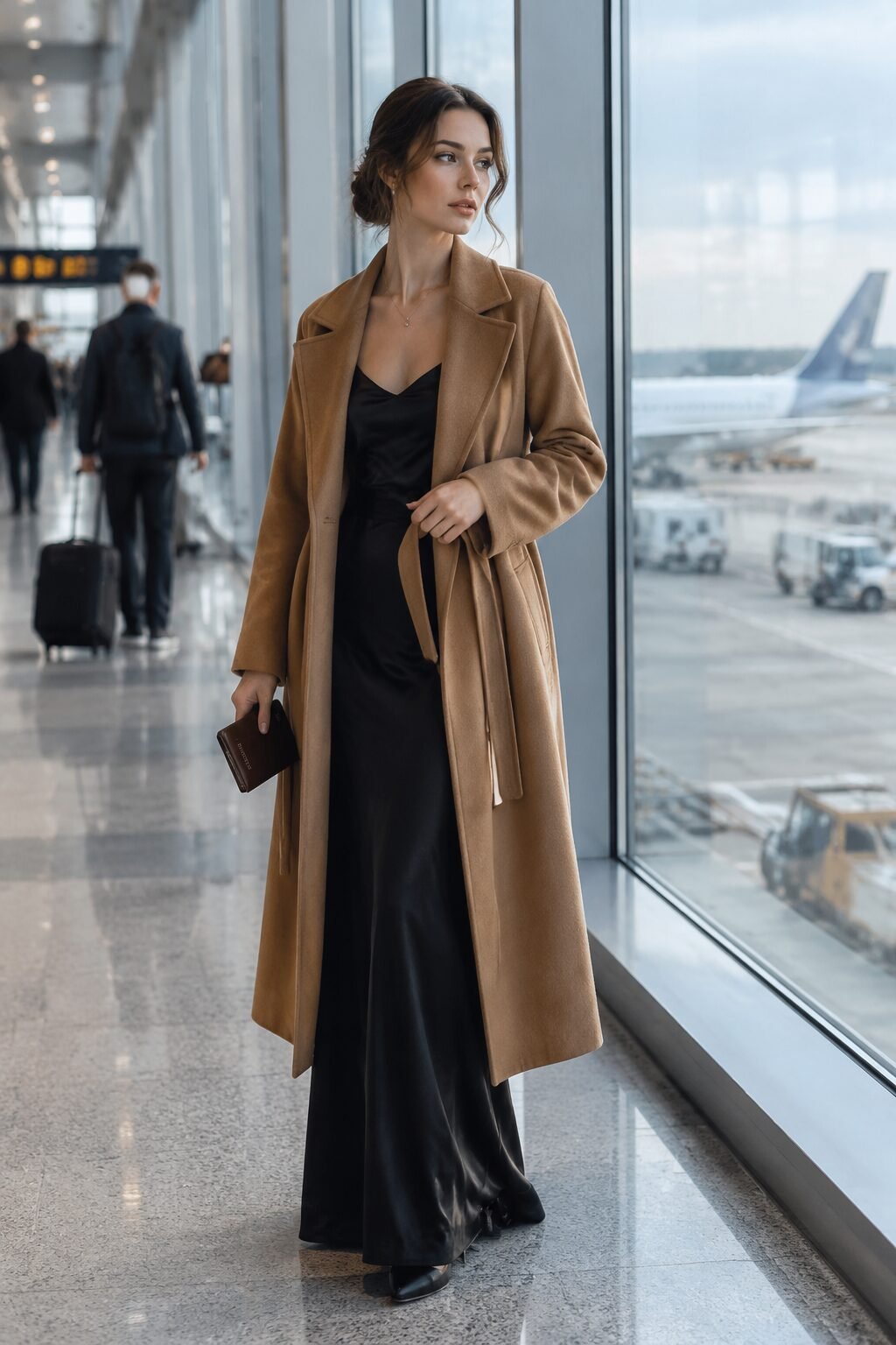 carolyn bessette style travel outfit: black silk slip dress under a camel wool topcoat with a printed silk scarf tied at the neck