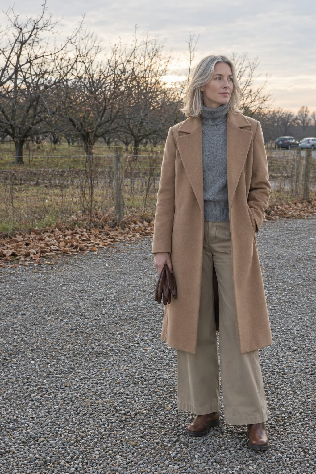 elegant apple picking outfit: camel wool coat, heather gray cashmere turtleneck and light khaki wide-leg pants