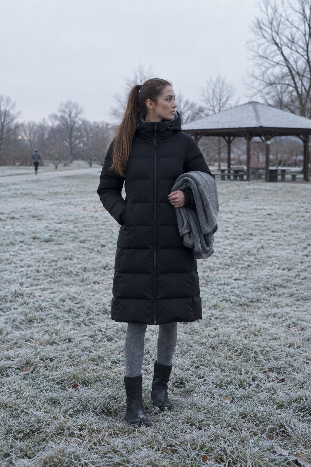 woman in a long black down puffer coat and gray thermal leggings for a cold-climate Halloween bonfire