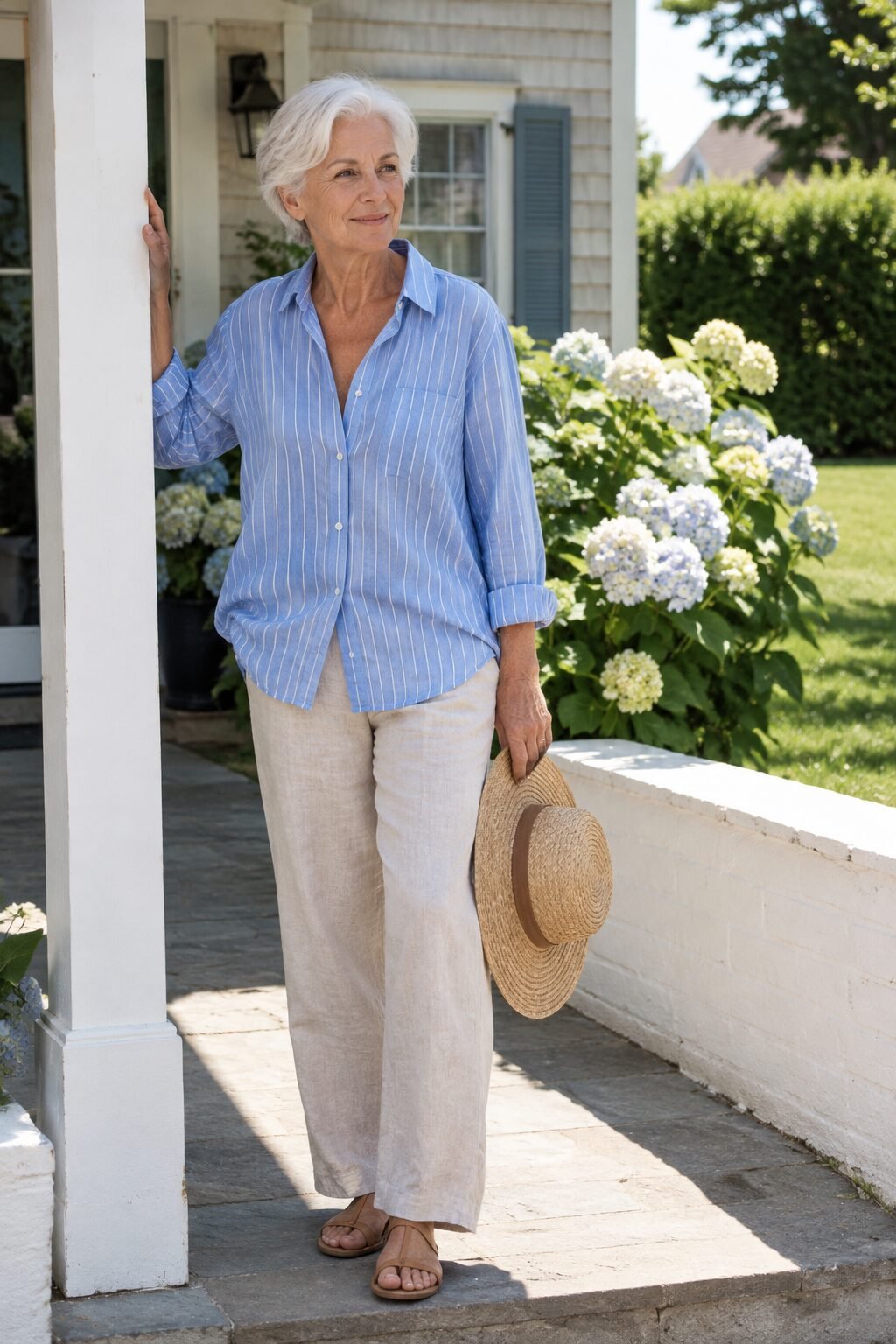 summer church outfit for women in their 70s: blue pinstripe linen shirt with natural linen-blend easy pants