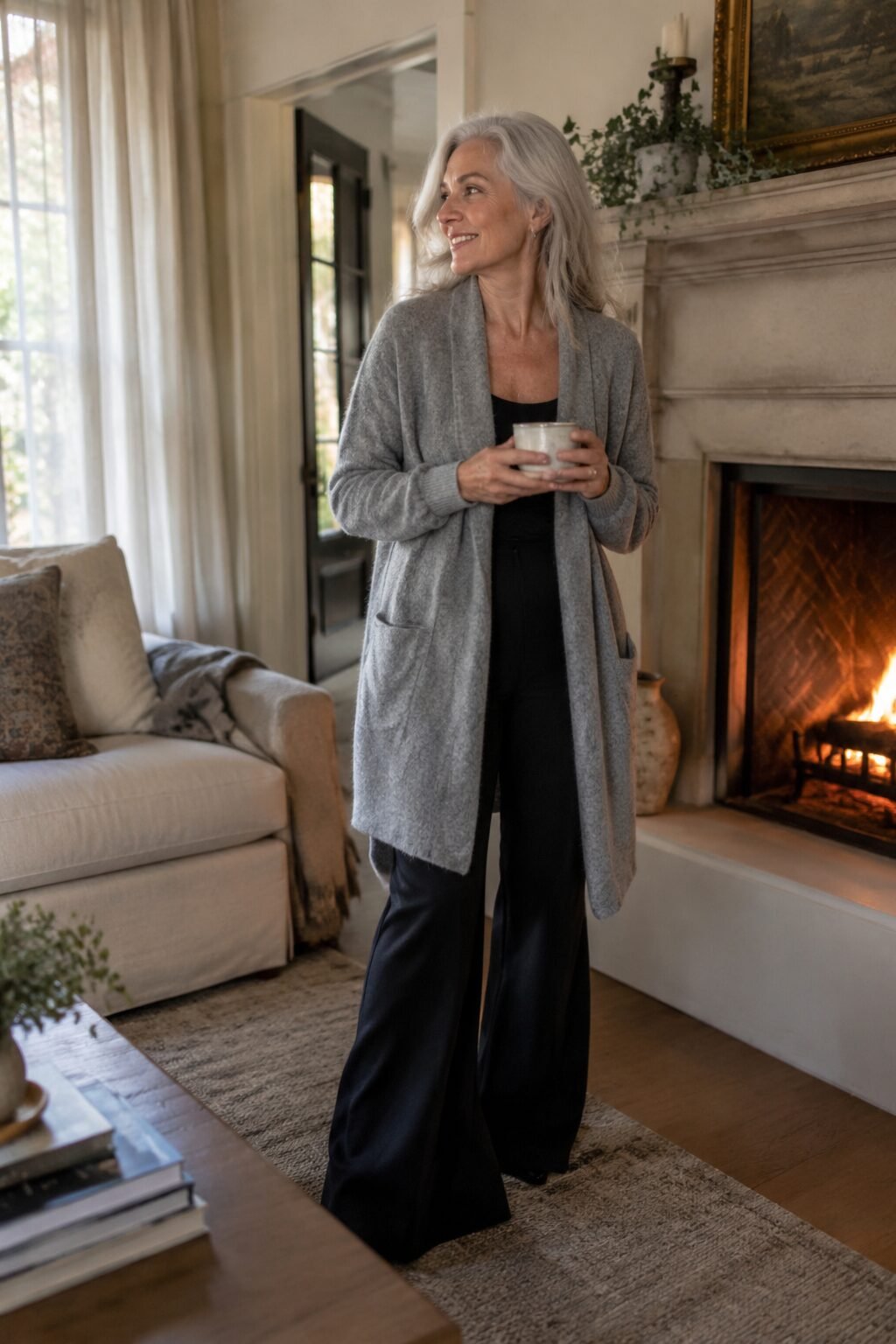 how to dress in your 70s: heather grey cashmere duster cardigan over a black ponte wide-leg pant
