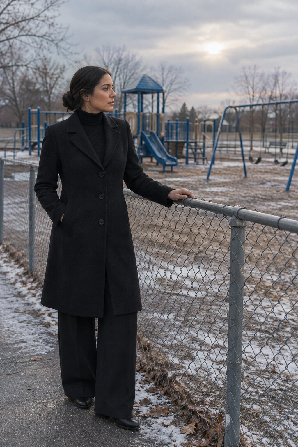 recess duty teacher outfit: fitted black turtleneck tucked into black straight trousers, ready for a coat on top