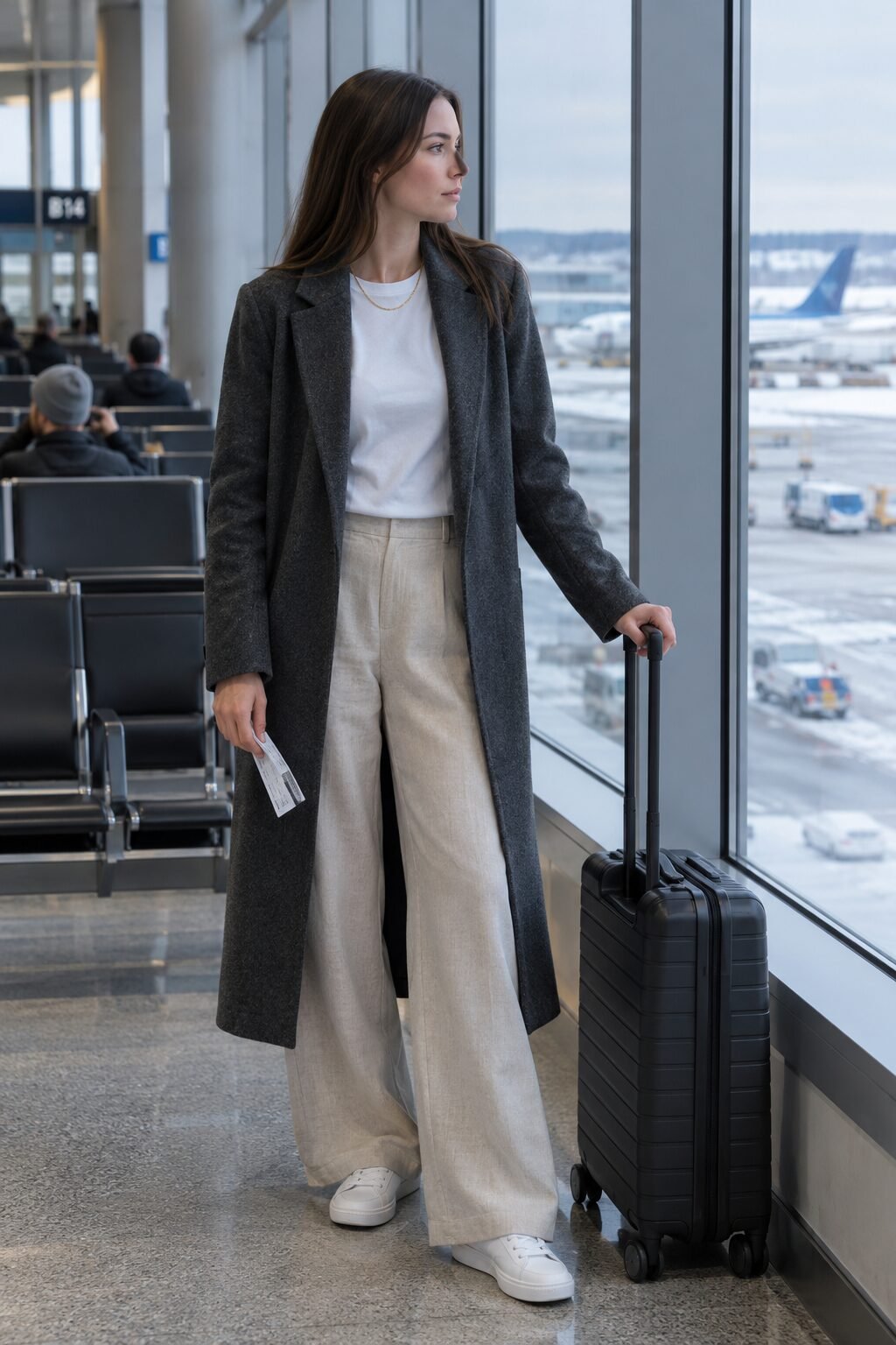old money travel outfit: white crew tee and wide birch trousers with a simple gold chain