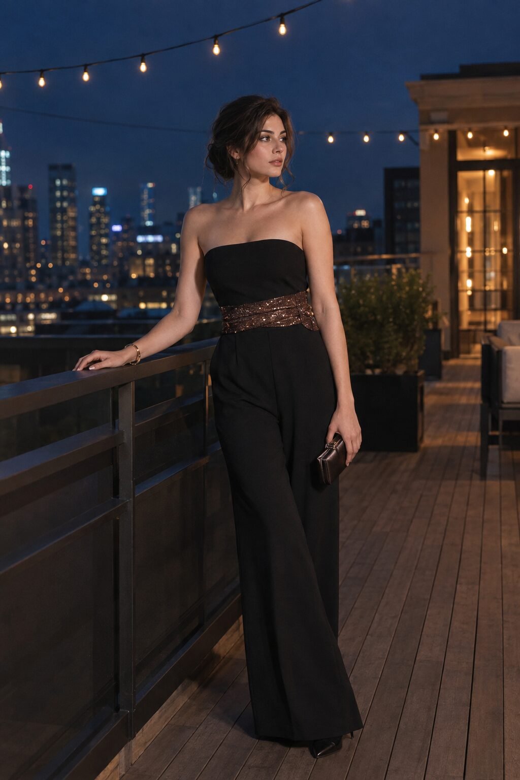 wedding guest outfit with gold bracelet: black off-shoulder jumpsuit and embellished sash belt for a winter black-tie wedding