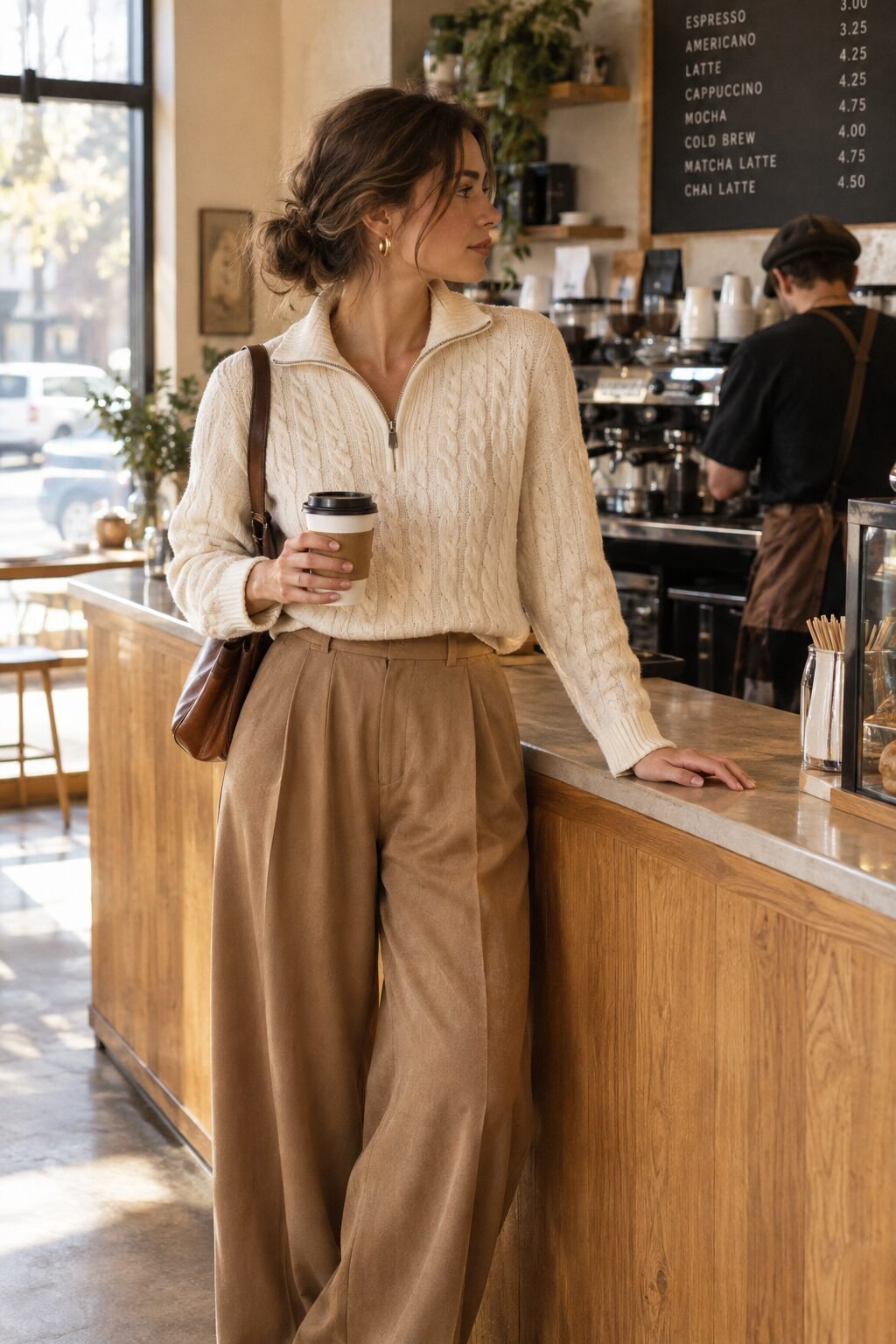 elegant fall outfit under $100: off-white chunky cable-knit sweater tucked into camel wide-leg pleated trousers