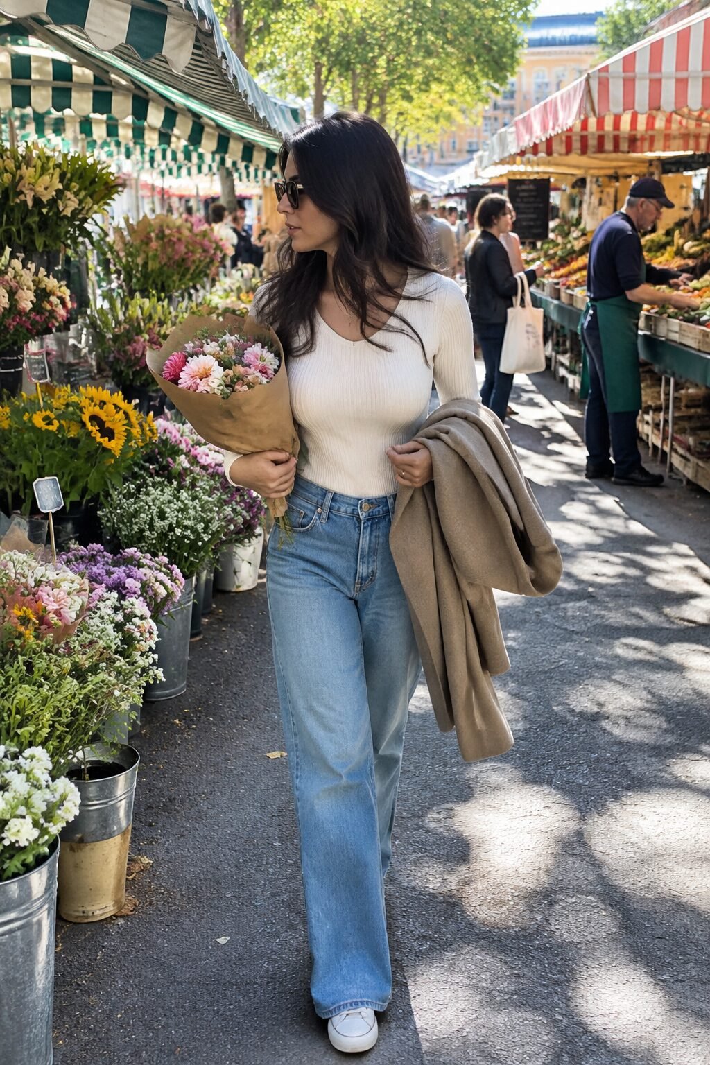 a woman in a cream knit and jeans carrying fresh market flowers and a wool coat over her arm at an outdoor market