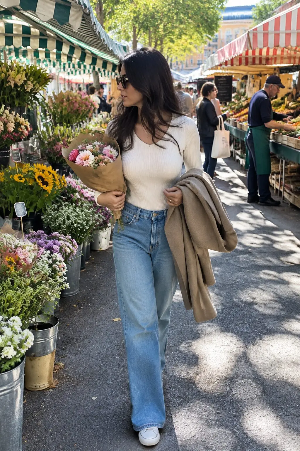 a woman in a cream knit and jeans carrying fresh market flowers and a wool coat over her arm at an outdoor market