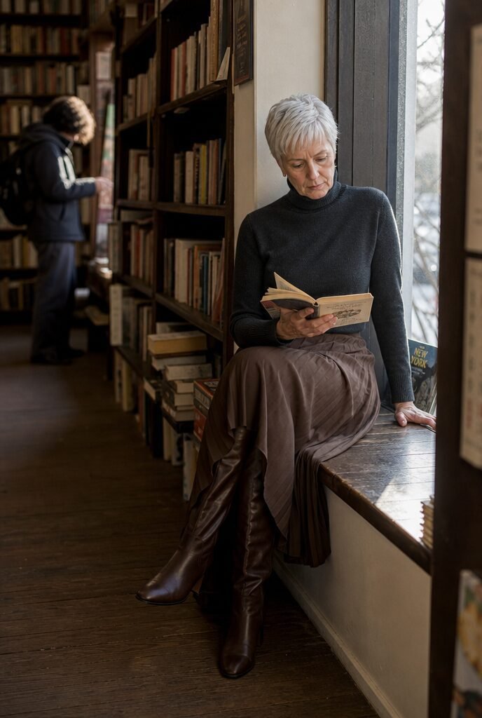 fall book club outfit for women in their 70s: pleated brown skirt and knee-high leather boots
