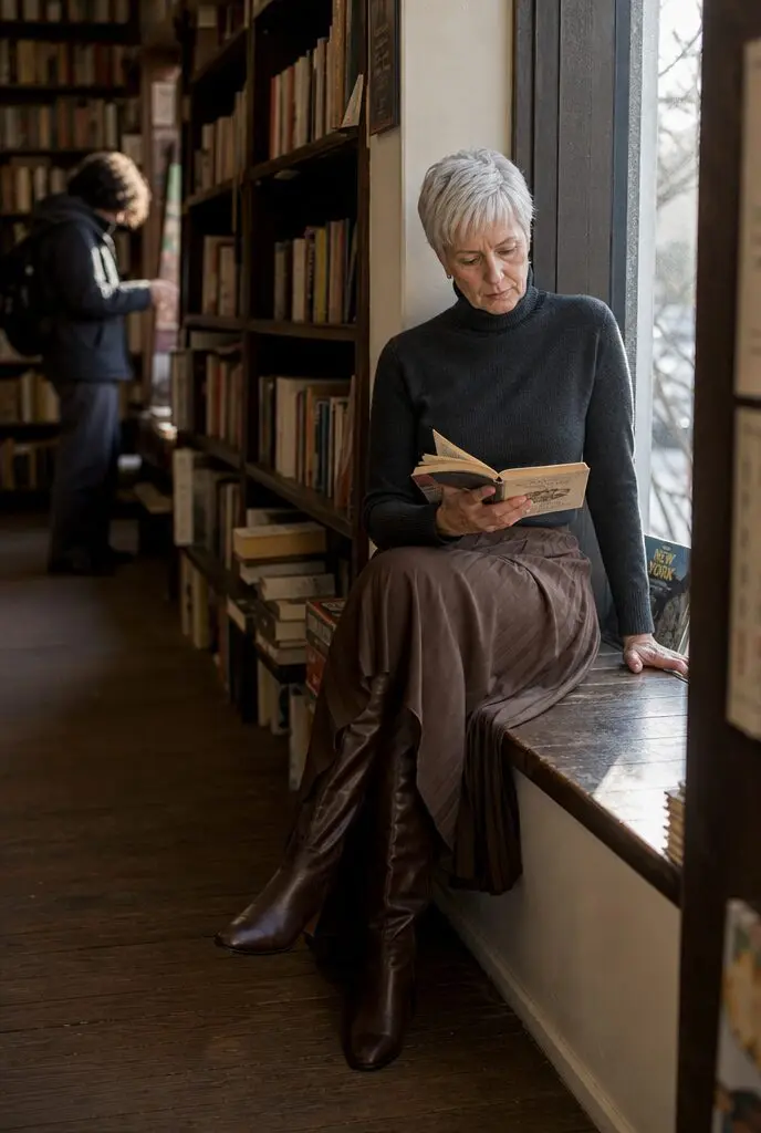 fall book club outfit for women in their 70s: pleated brown skirt and knee-high leather boots