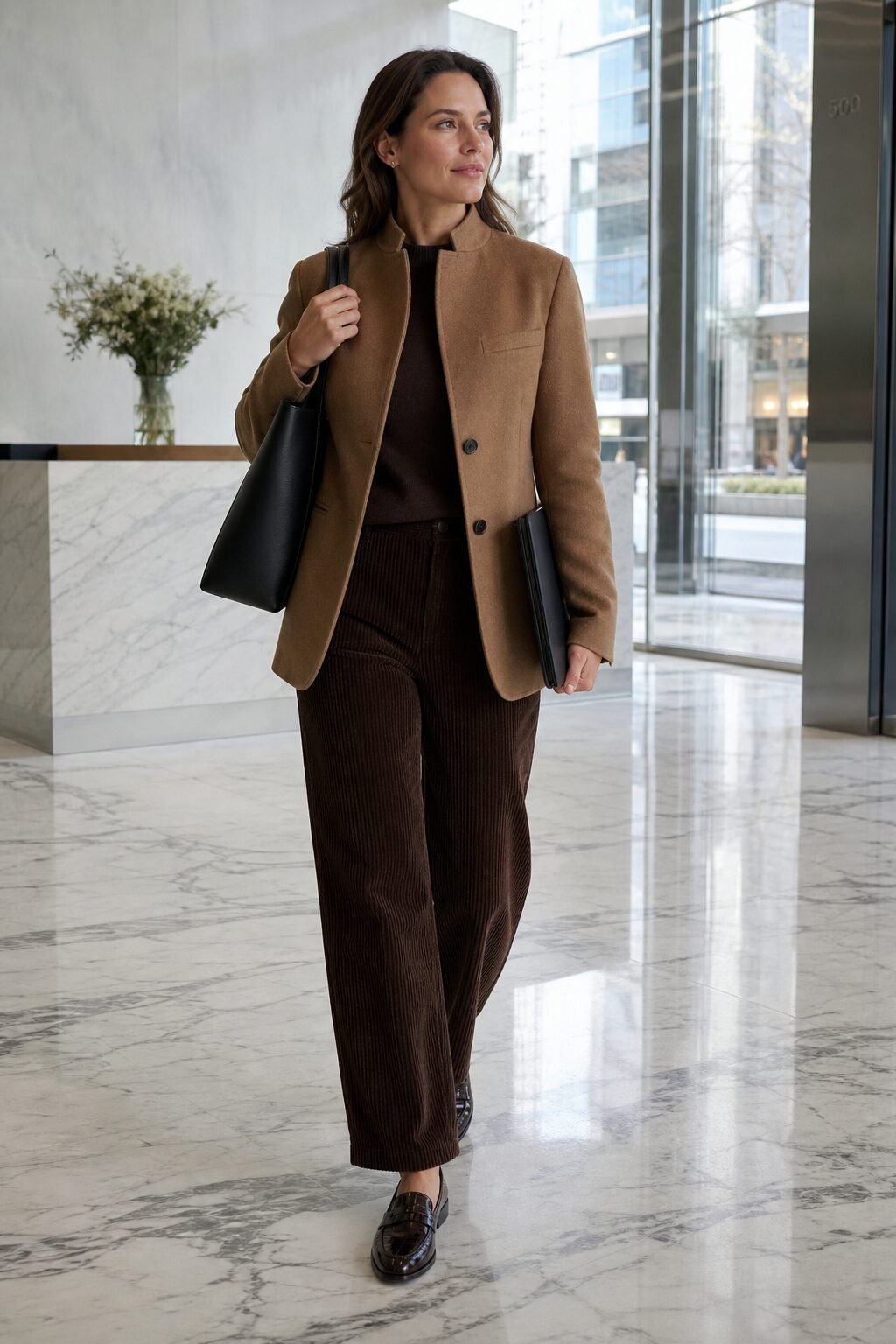 camel blazer with chocolate brown corduroy trousers, penny loafers, and a black tote, client presentation outfit