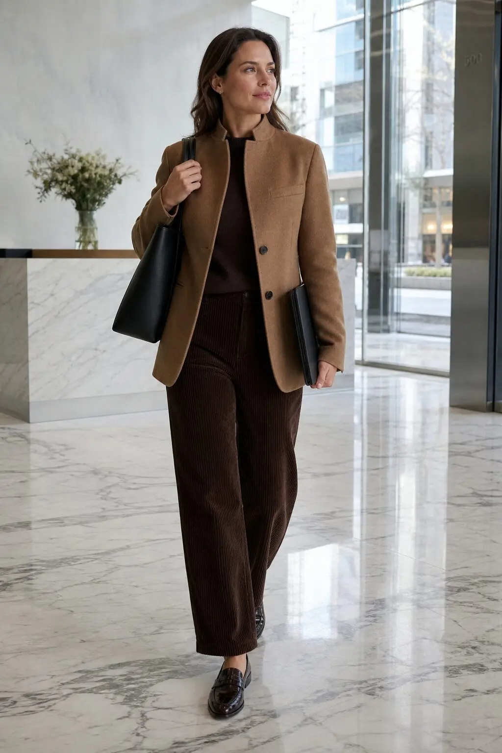 camel blazer with chocolate brown corduroy trousers, penny loafers, and a black tote, client presentation outfit
