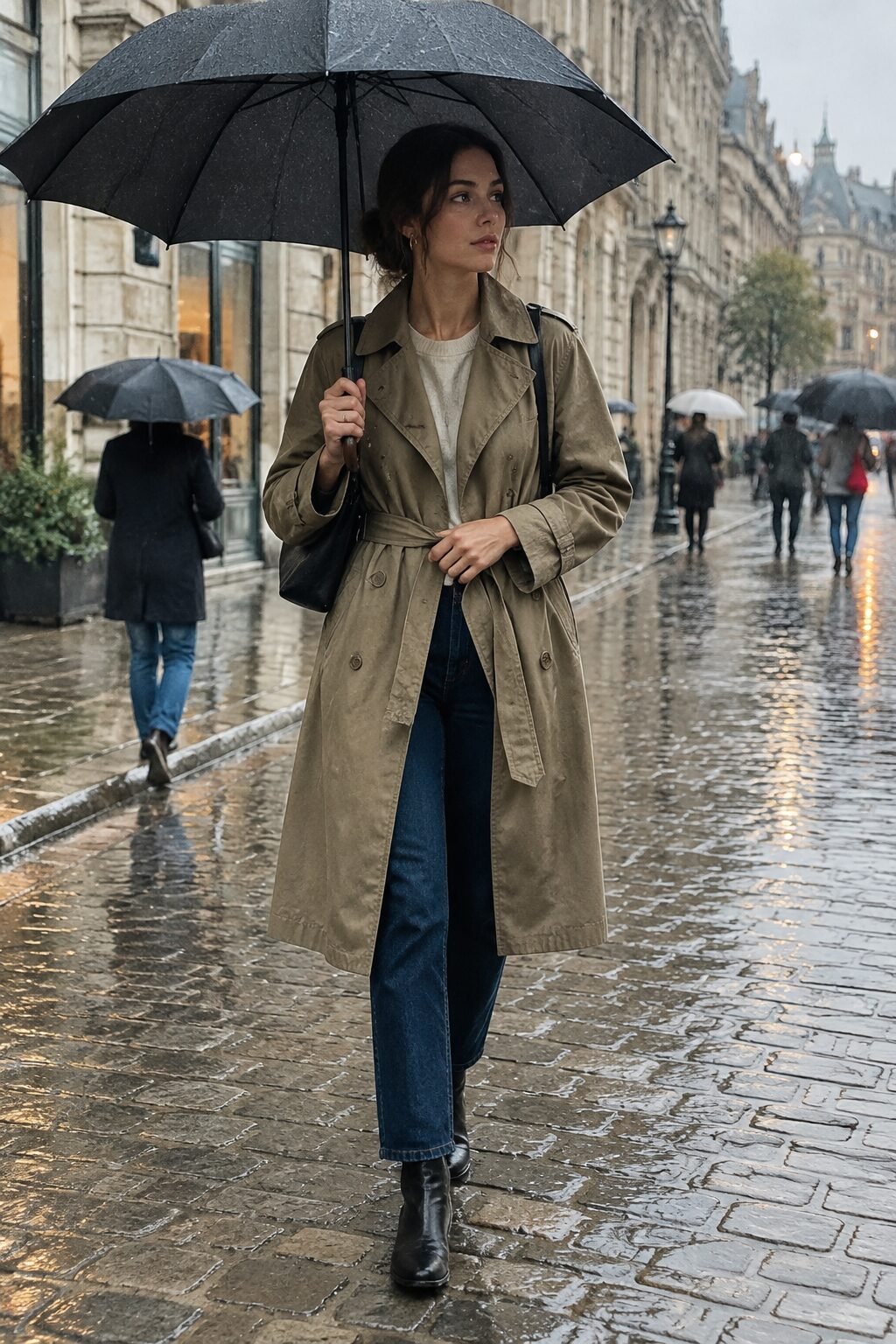 rainy-day family visit outfit: khaki trench coat over dark indigo jeans with black ankle boots