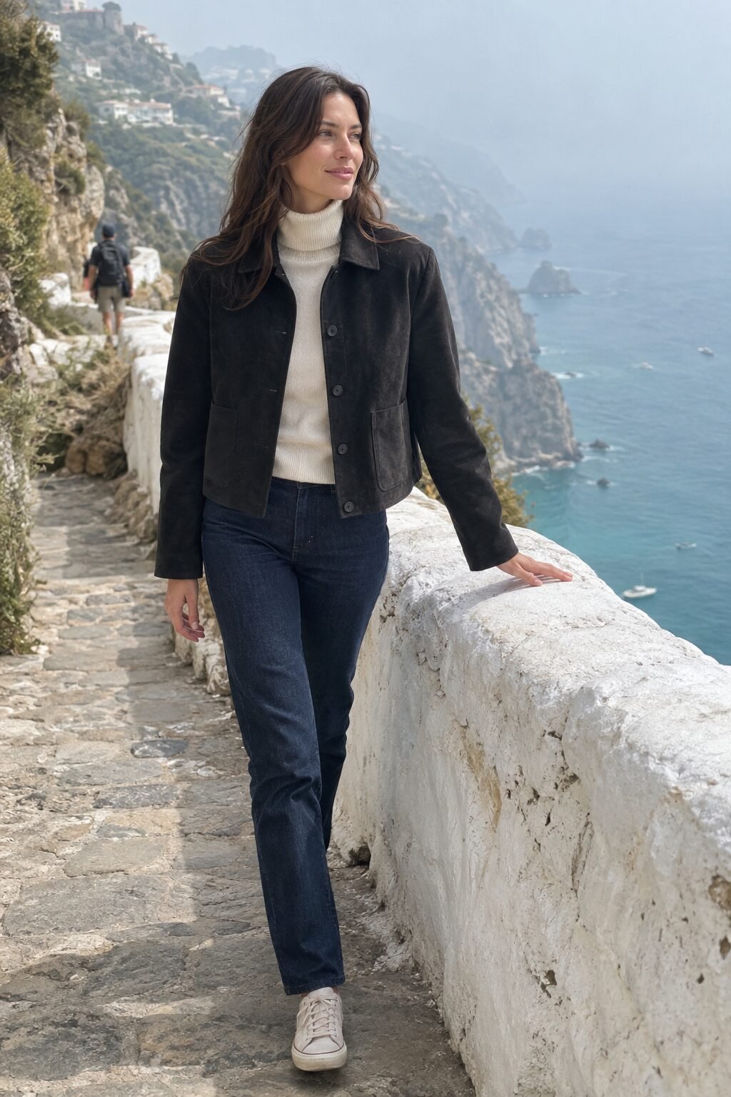 budget fall outfit that looks expensive: black suede chore jacket with a cream turtleneck and dark denim