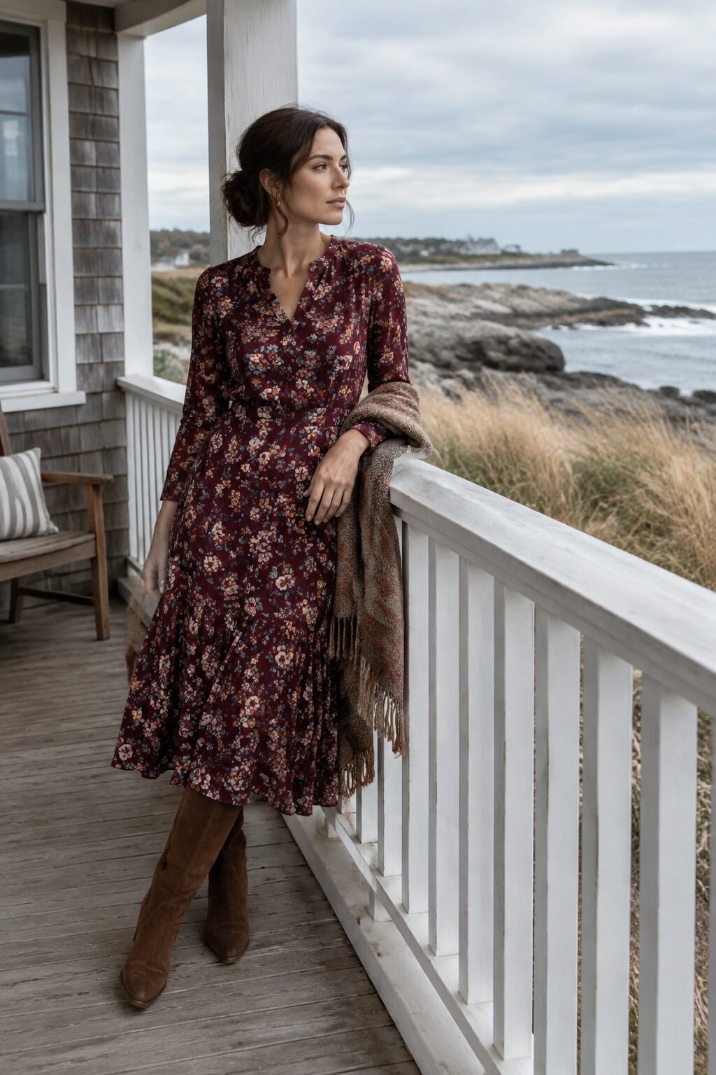 feminine thanksgiving dinner outfit: burgundy floral midi dress and brown suede boots