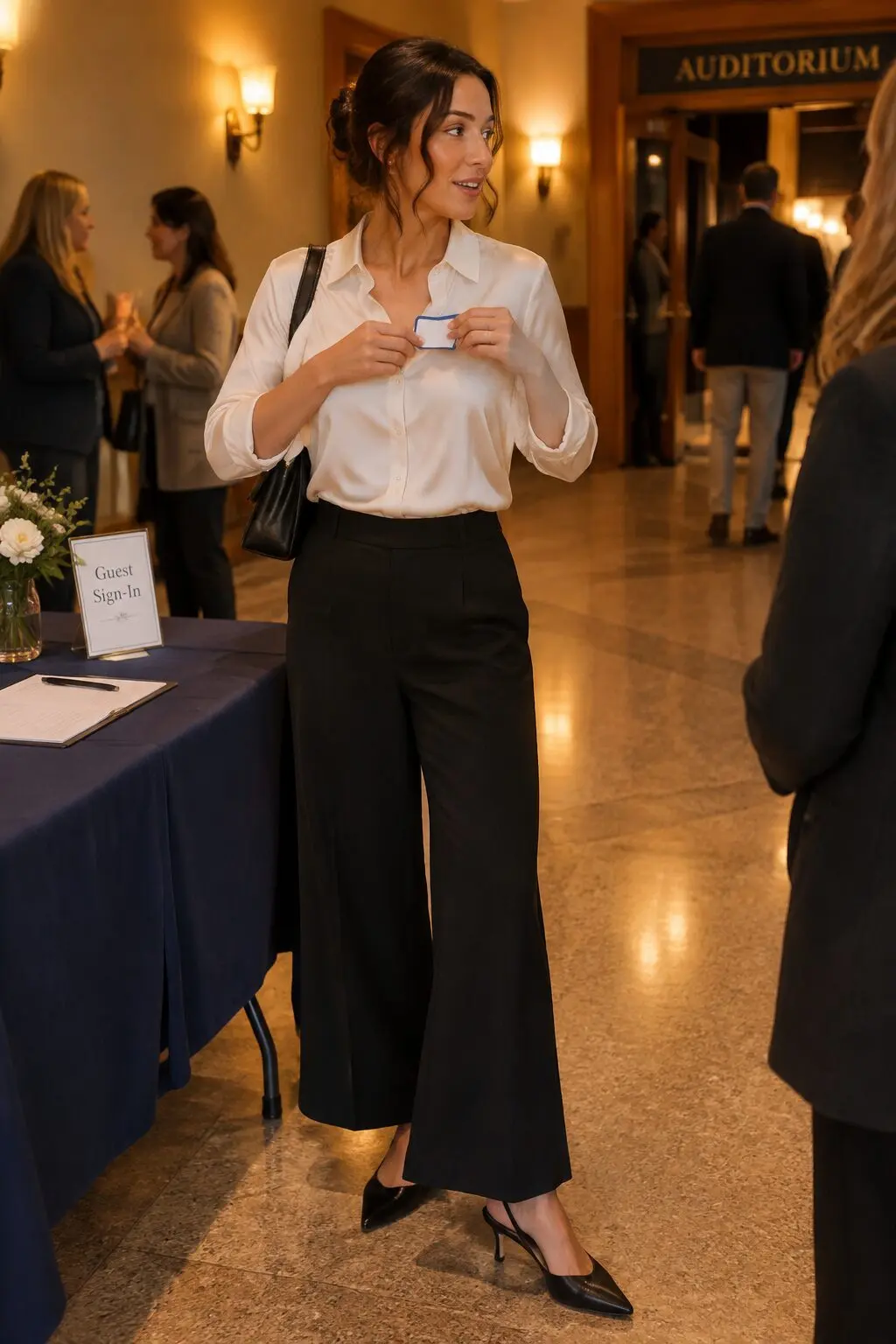 back-to-school night teacher outfit: black wide-leg crepe trousers and black slingback heels