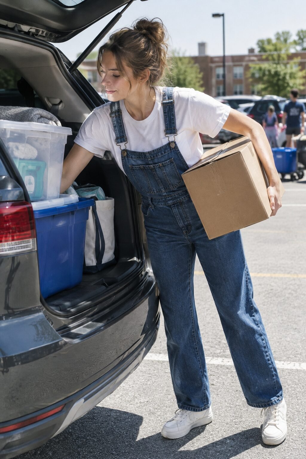 denim overalls and white tee, a school-supply-hauling first day of school outfit