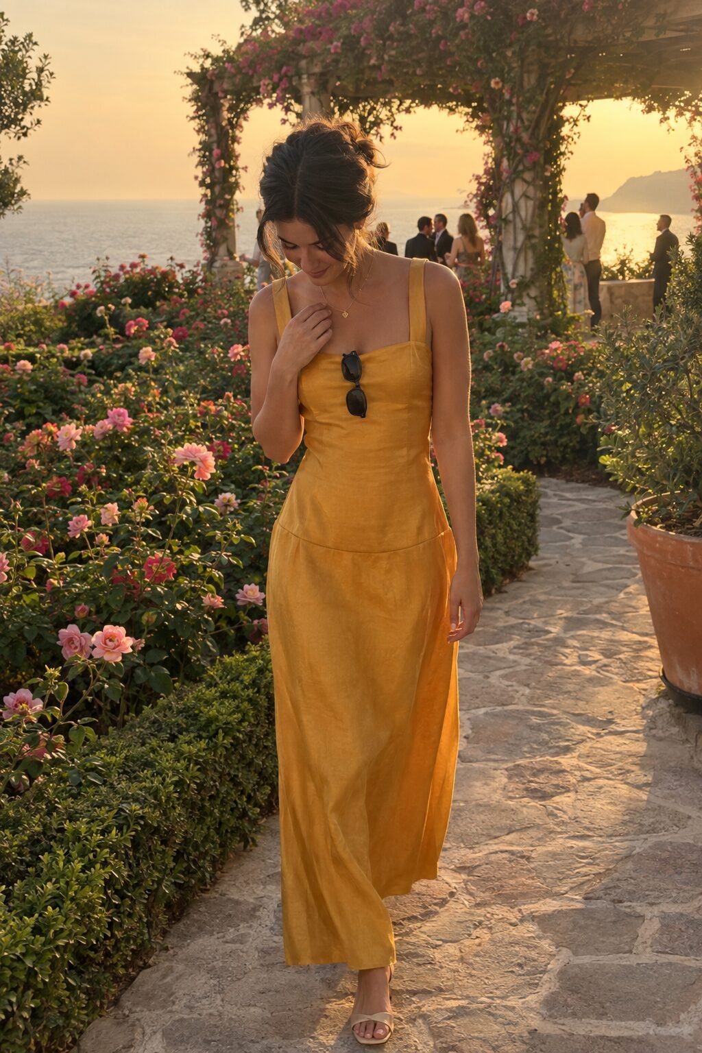 golden hour garden wedding guest outfit: marigold dupioni gown with a gold pendant necklace