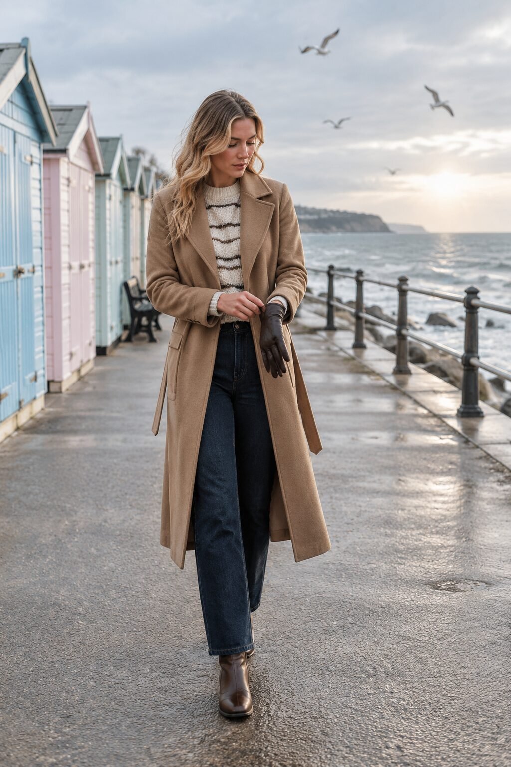 wool trench coat over a striped sweater and straight-leg jeans, a crisp winter city walk outfit that looks expensive