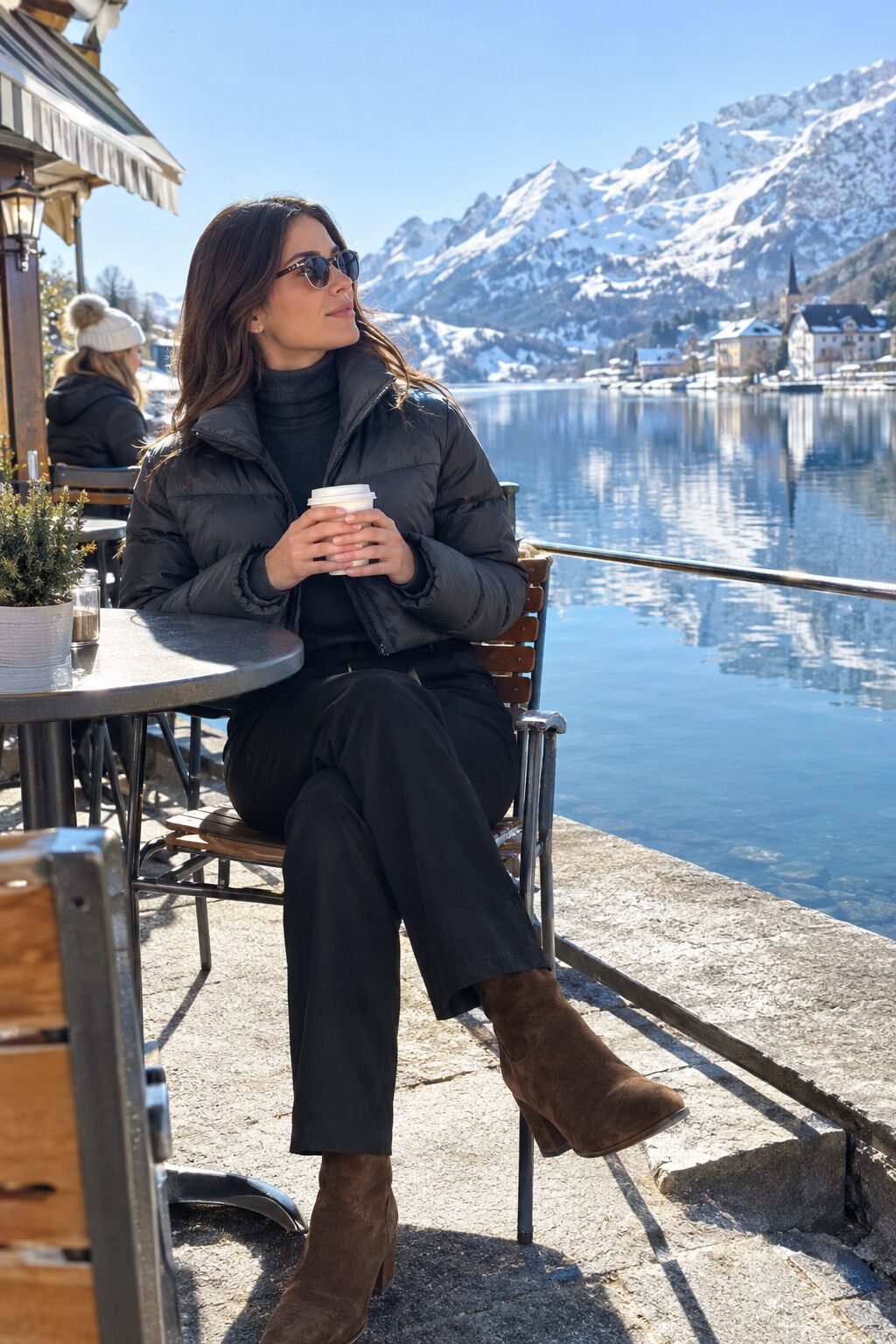 european winter outfit: carbon grey cropped puffer jacket with chocolate suede ankle boots