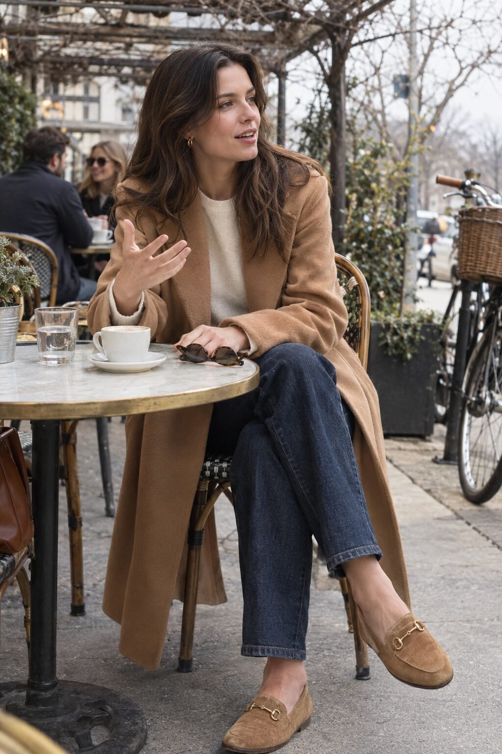casual old money winter outfit: cream cashmere sweater, dark indigo jeans, and camel wool wrap coat