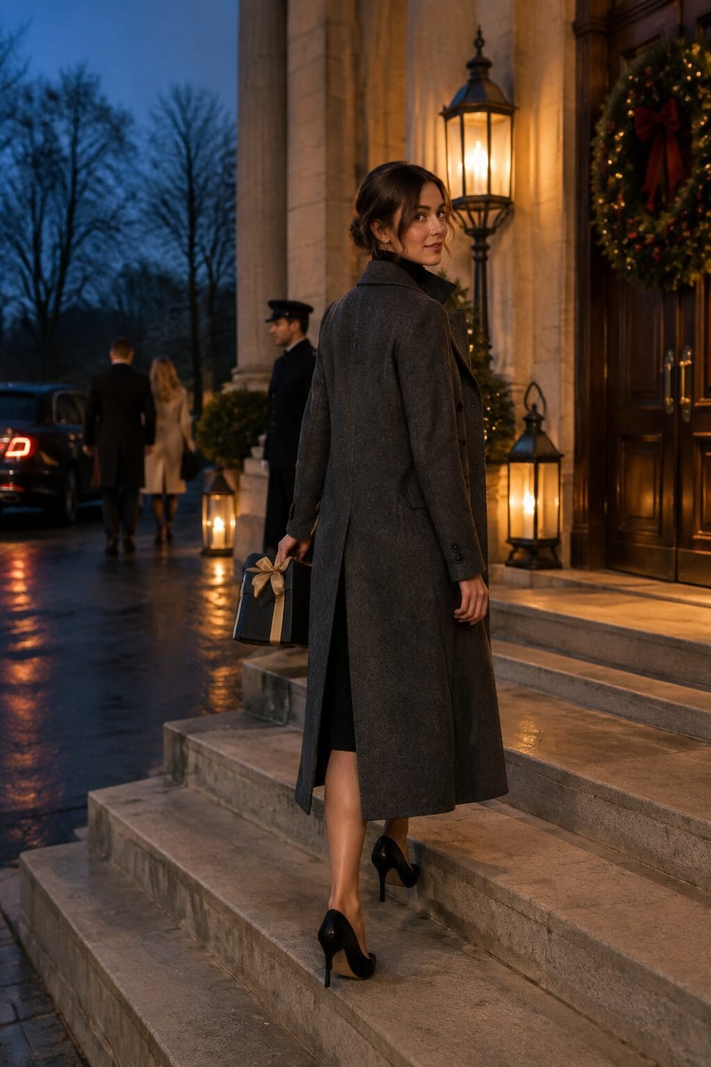 formal Christmas party arrival winter country club outfit: dark grey double-breasted wool coat over a black cashmere sweater dress