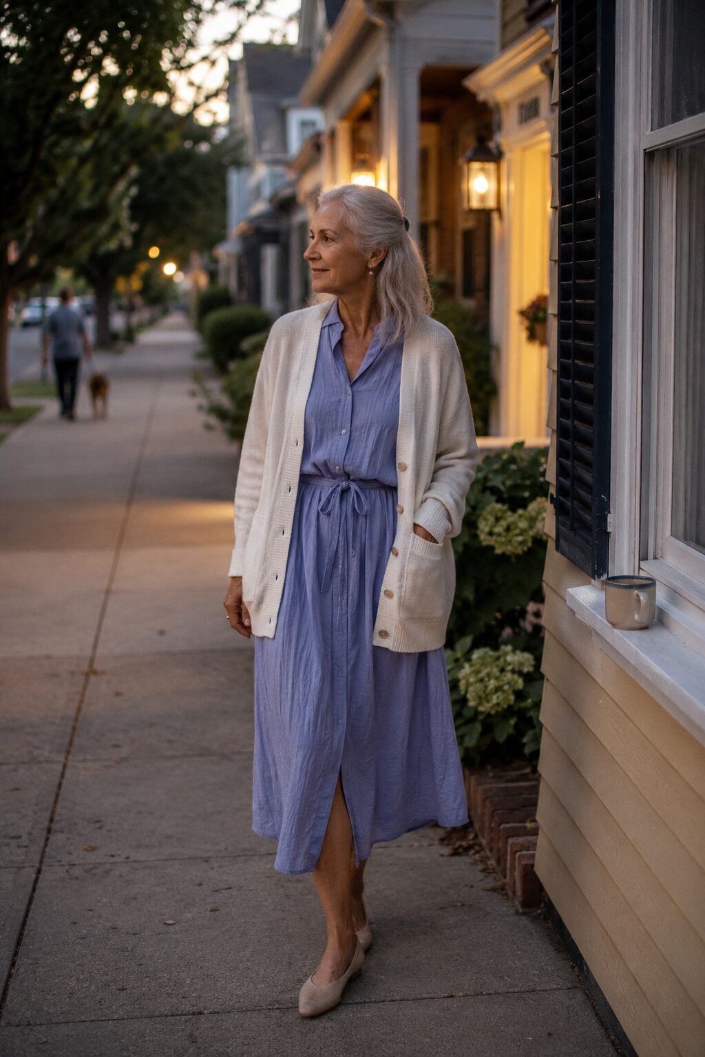 periwinkle cotton voile shirtdress with ivory knit cardigan, evening summer walk outfit for women in their 70s