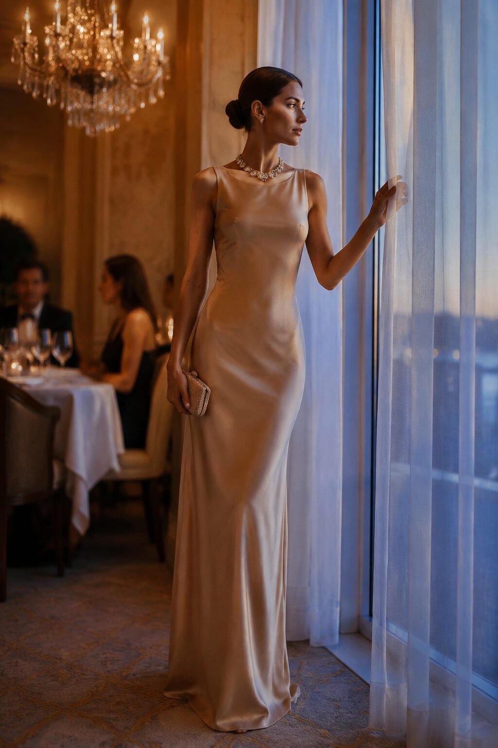old money date night outfit: beige satin column dress with a gold crystal collar statement necklace