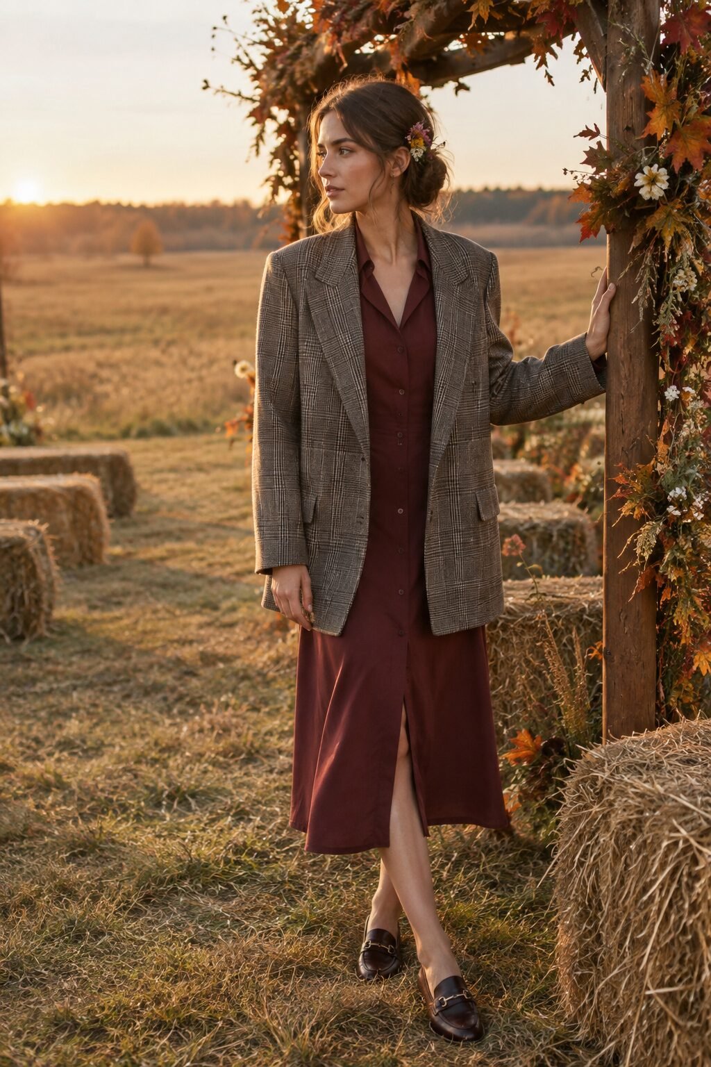rustic fall wedding guest outfit: wine shirt dress with glen plaid wool blazer