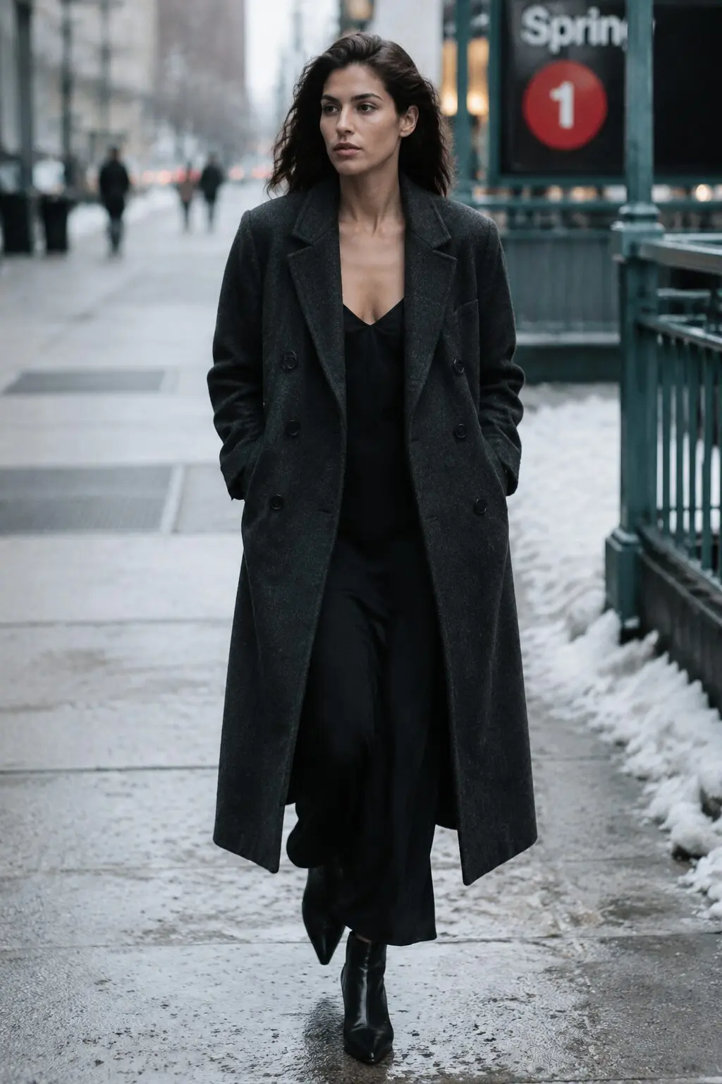 black slip dress layered under a charcoal double-breasted peacoat for a cold-weather commute