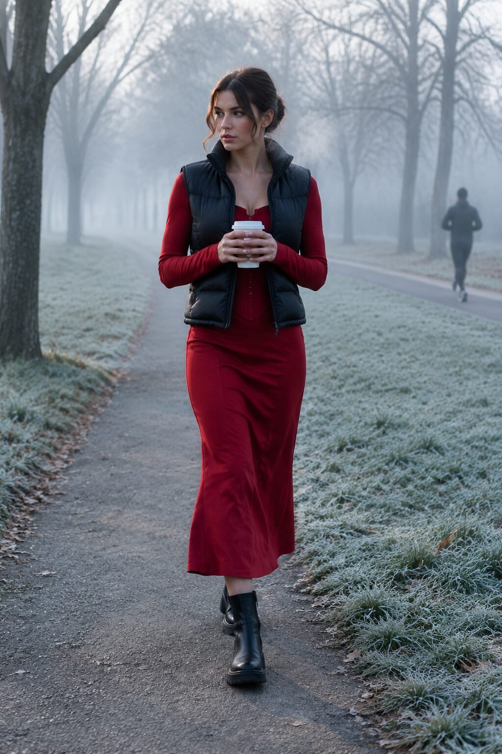cold morning linen dress outfit: red linen corset midi dress layered under a black puffer vest with black boots