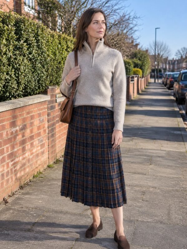 Coastal grandmother fall outfit: half-zip sweater + pleated check skirt + penny loafers