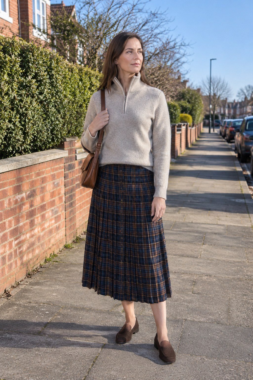 coastal grandmother fall outfit: heathered oat merino half-zip, navy and brown check pleated midi skirt and penny loafers