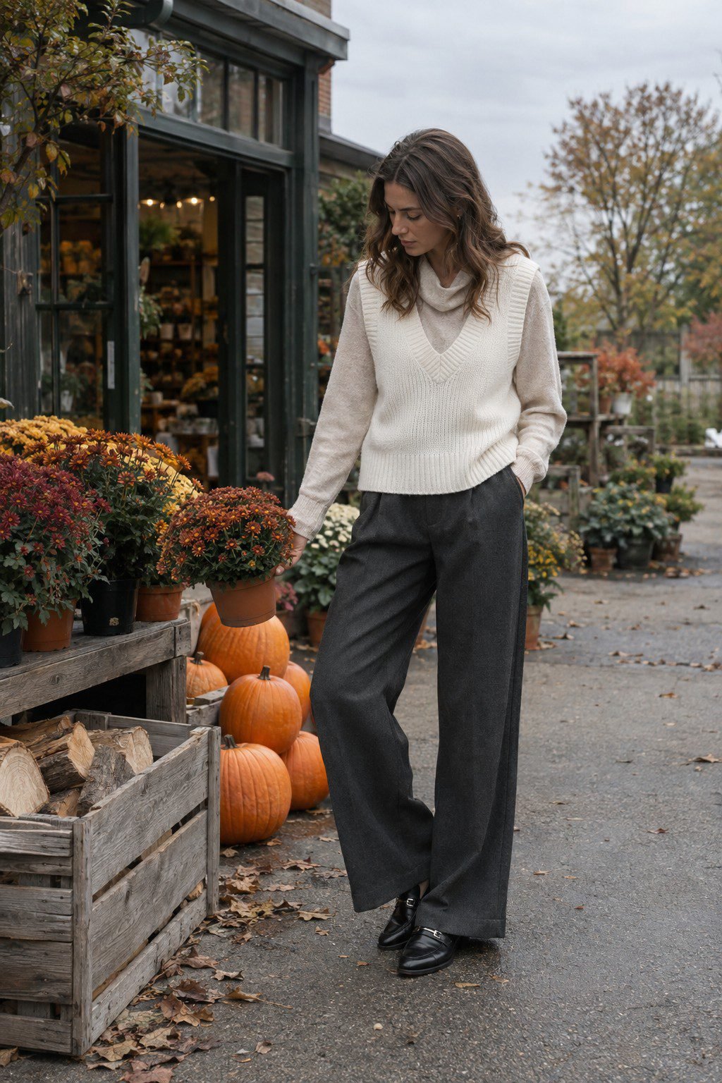 fall layering outfit: ecru draped-neck sweater layered under an ivory ribbed knit vest