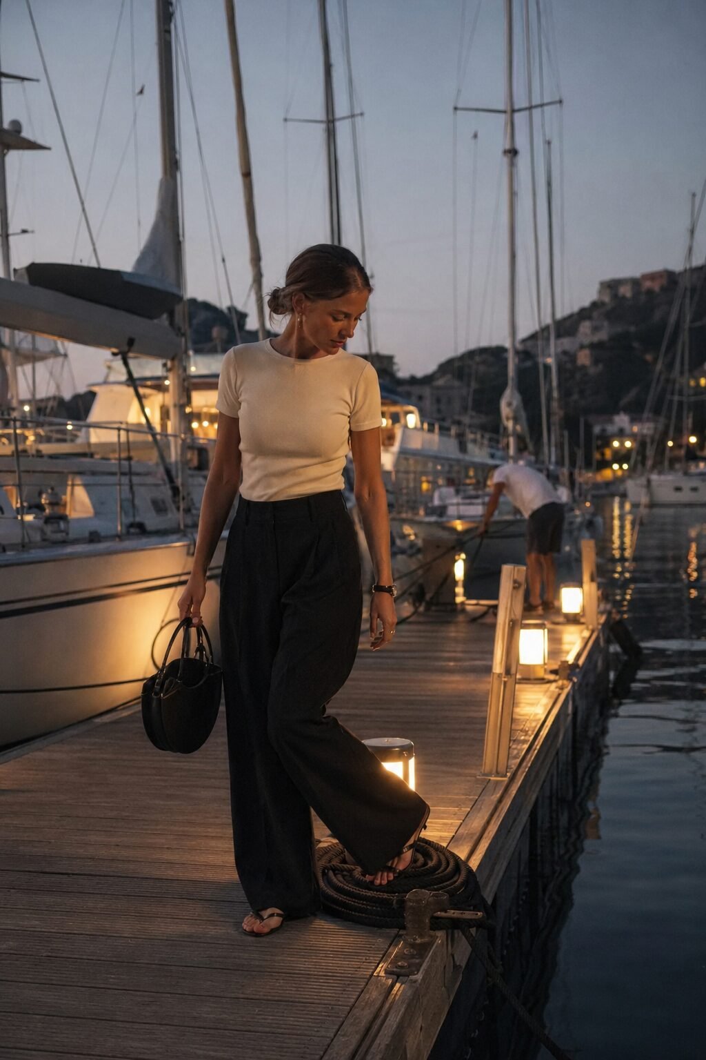 elegant Halloween outfit: black wide-leg trousers with a sculptural half-moon leather bag