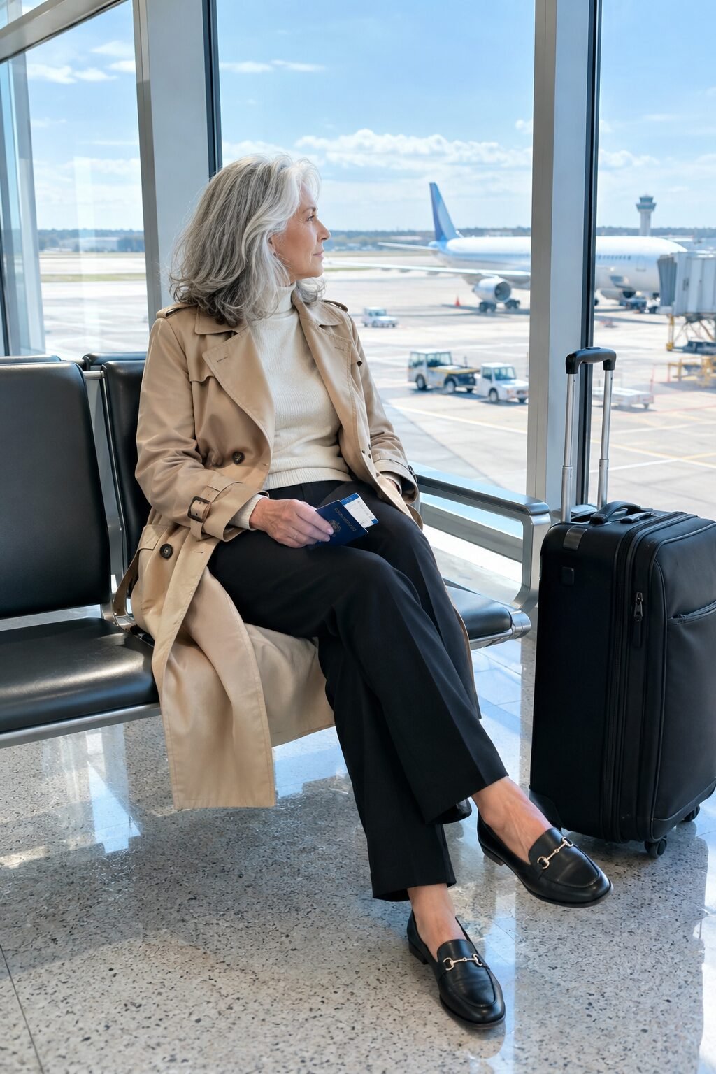 elegant outfit for women in their 70s: beige trench coat over a turtleneck and black ponte trouser