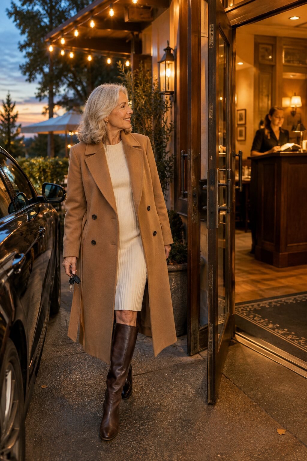 special-occasion elegant winter outfit for a woman in her 70s: vicuna camel hair wrap coat over an ivory sweater dress with espresso brown tall boots