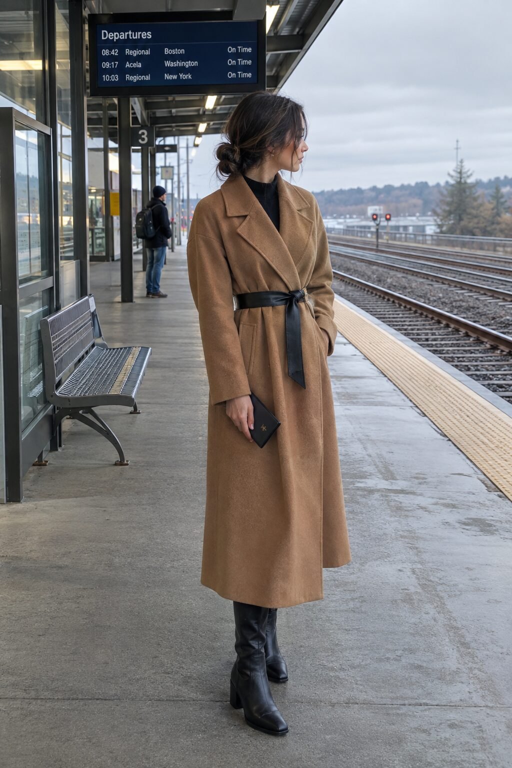 travel day dark academia outfit: caramel double-faced wool wrap coat belted at the waist over black ankle boots