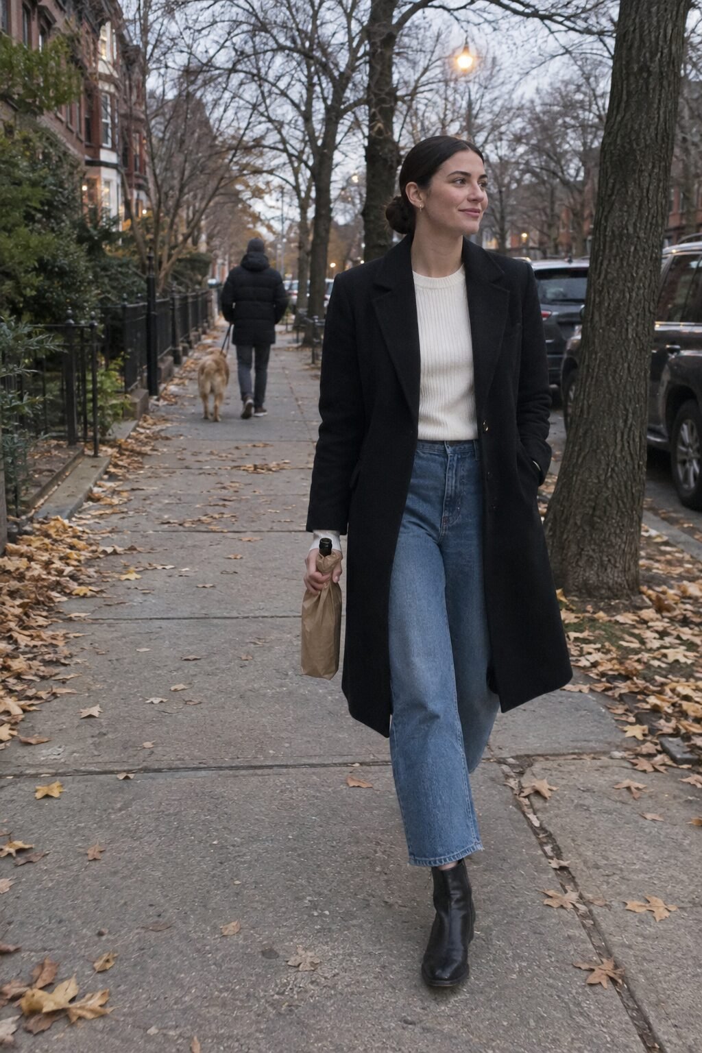 woman in a long black wool-blend topcoat and medium-wash barrel-leg jeans, dressier Halloween bonfire party outfit
