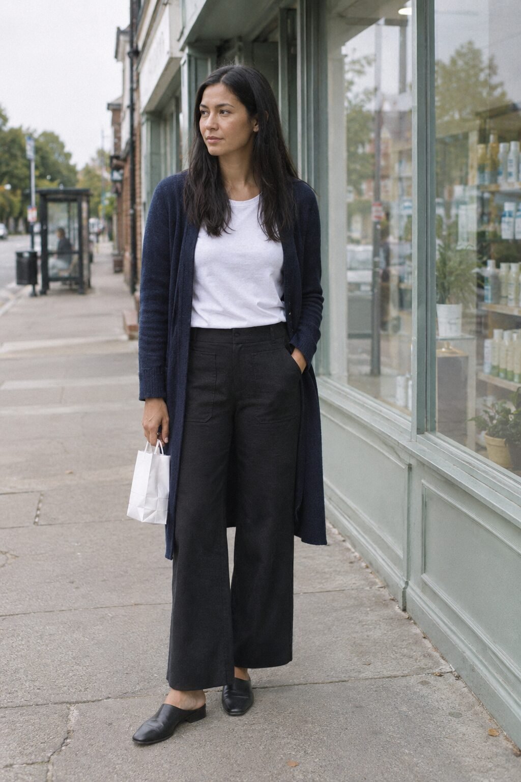 easy mom outfit for a grocery run: navy longline open cardigan with black wide-leg twill pants