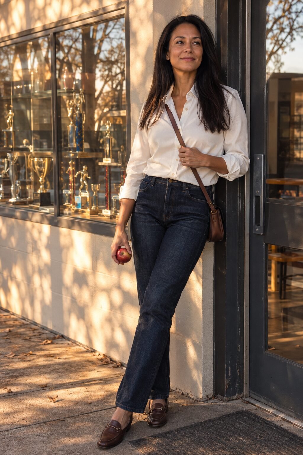 elevated neutral teacher outfit: off-white washable silk shirt tucked into dark indigo jeans