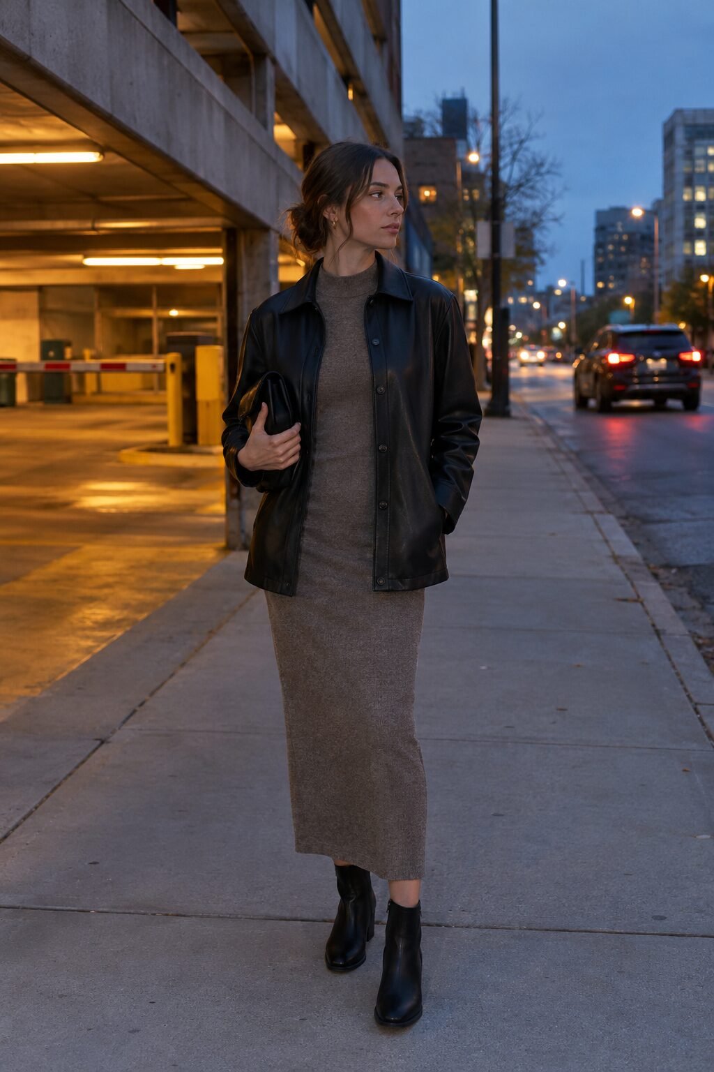 classy fall evening outfit: boxy black leather-look jacket over a dark taupe sleeveless mock-neck knit maxi dress
