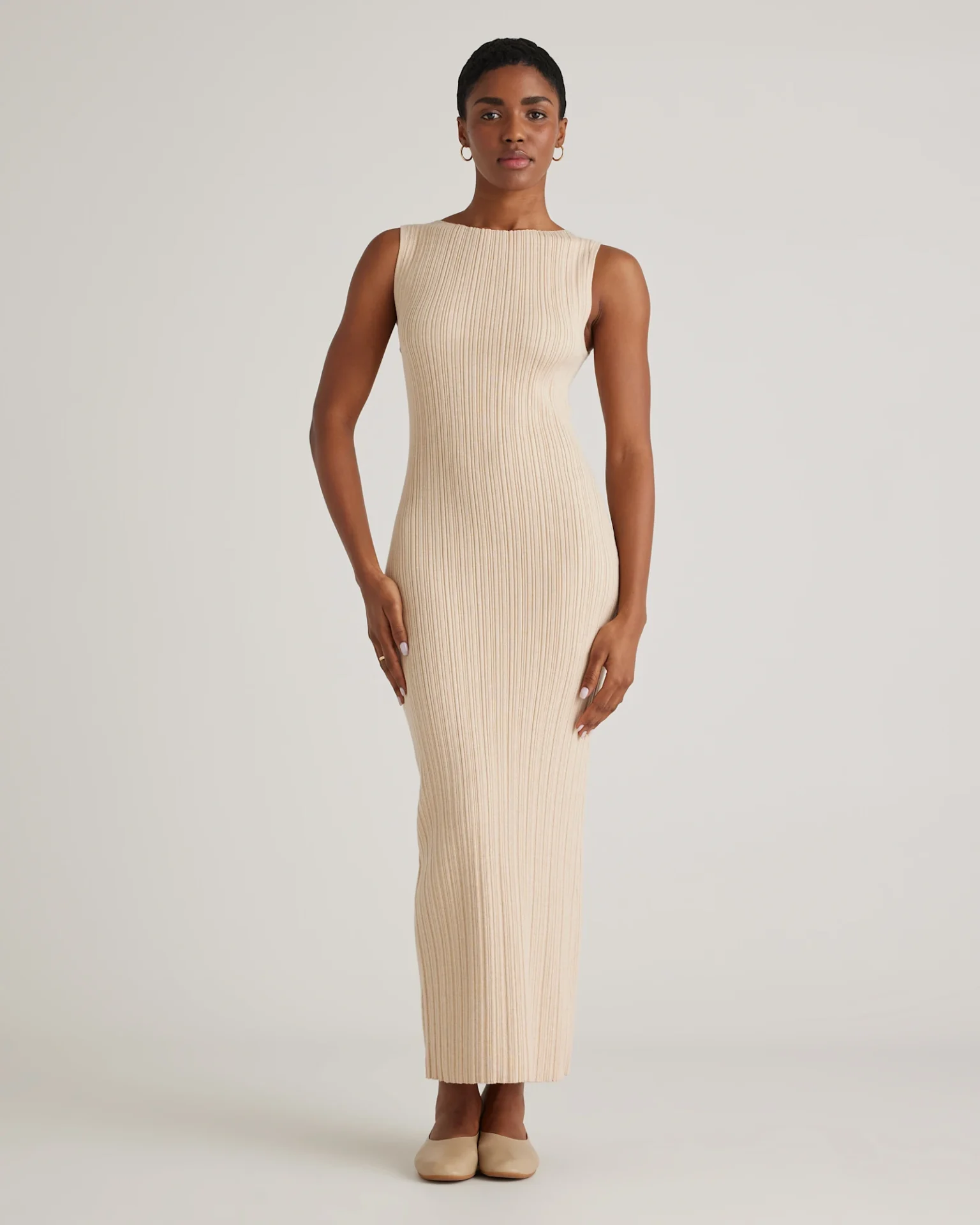 Lightweight Cotton Cashmere Ribbed Sleeveless Midi Dress in Heather Oatmeal