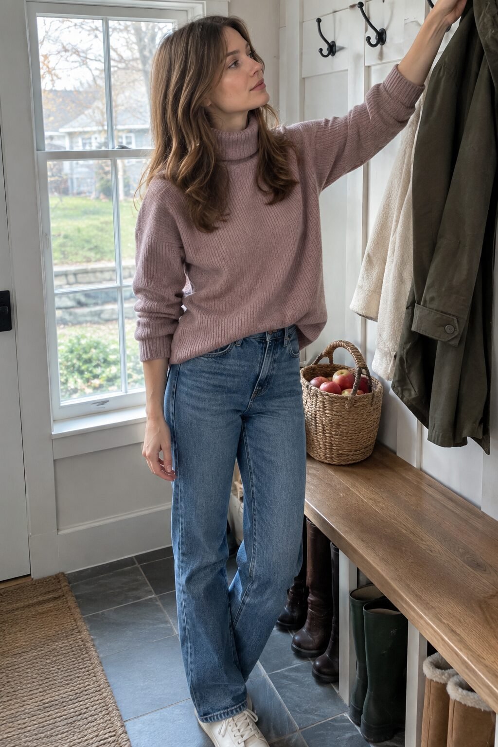 casual family thanksgiving outfit: dusty mauve cashmere turtleneck and straight-leg jeans