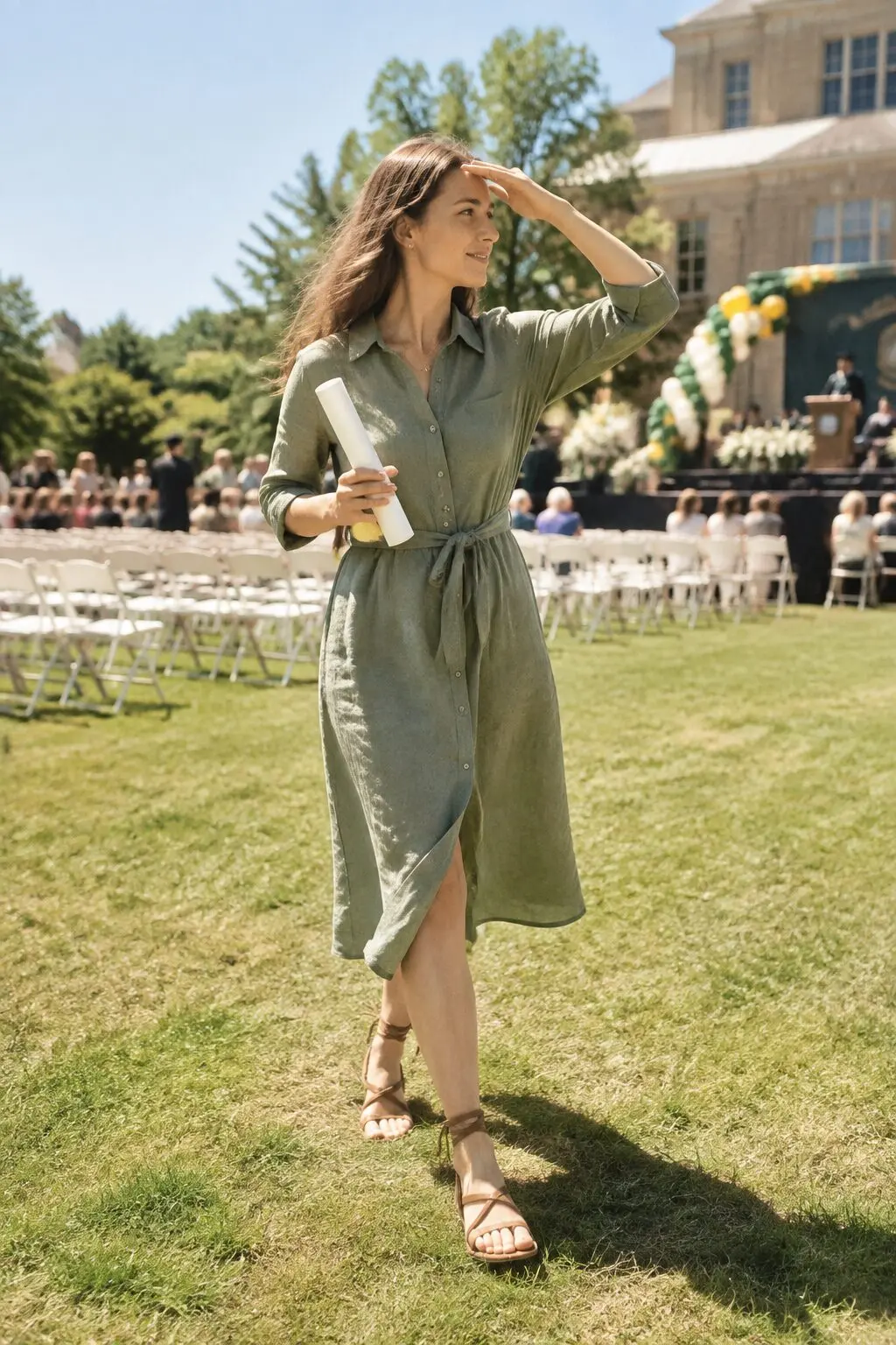 last day of school teacher outfit: green linen shirtdress with tan wrap sandals