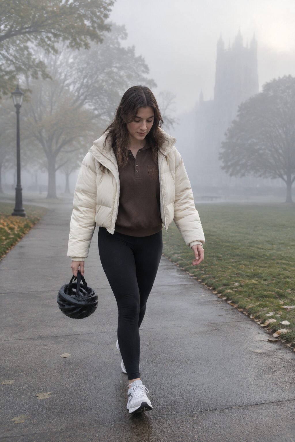 chilly campus college outfit: cream cropped puffer jacket over a deep earth collegiate henley sweatshirt and black leggings