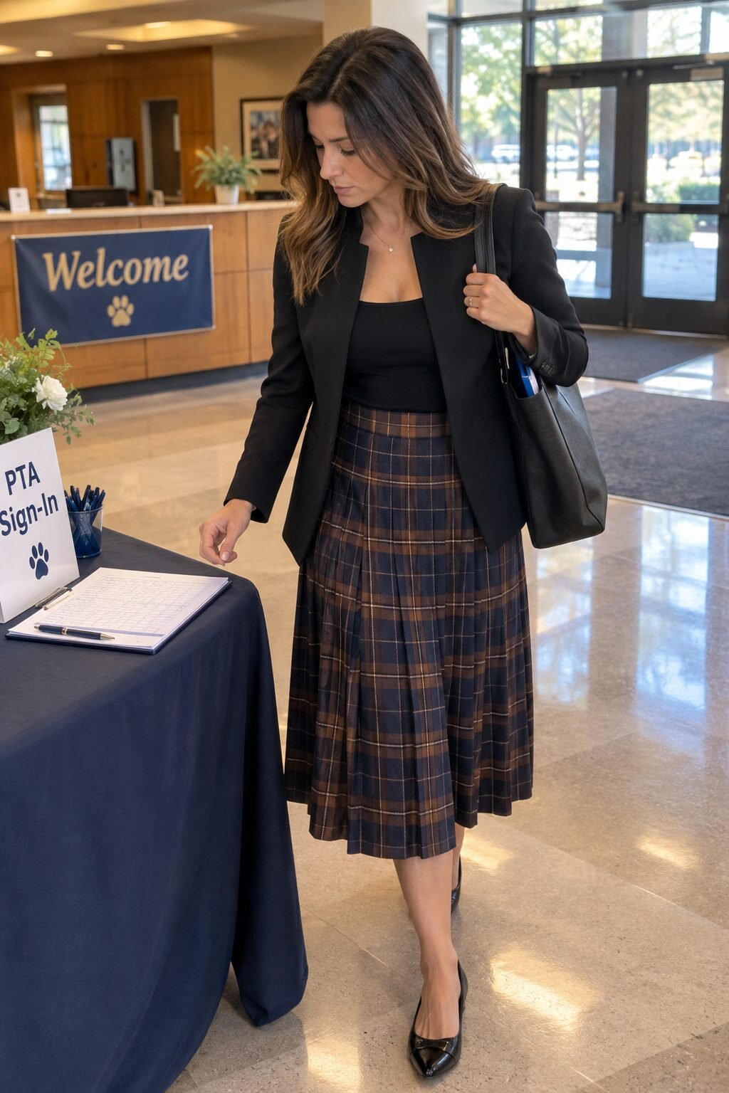 plaid pleated midi skirt, tank, and blazer, a PTA-morning first day of school outfit