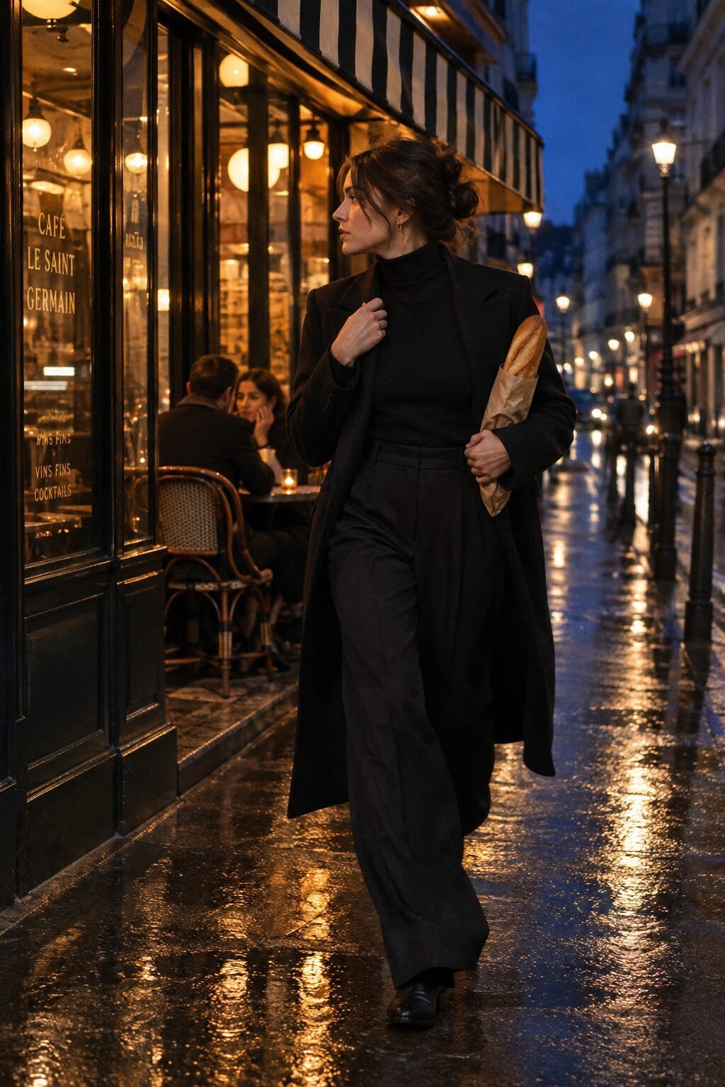 Parisian witch Halloween outfit: black cashmere turtleneck with black wide leg trousers and black wool cashmere coat
